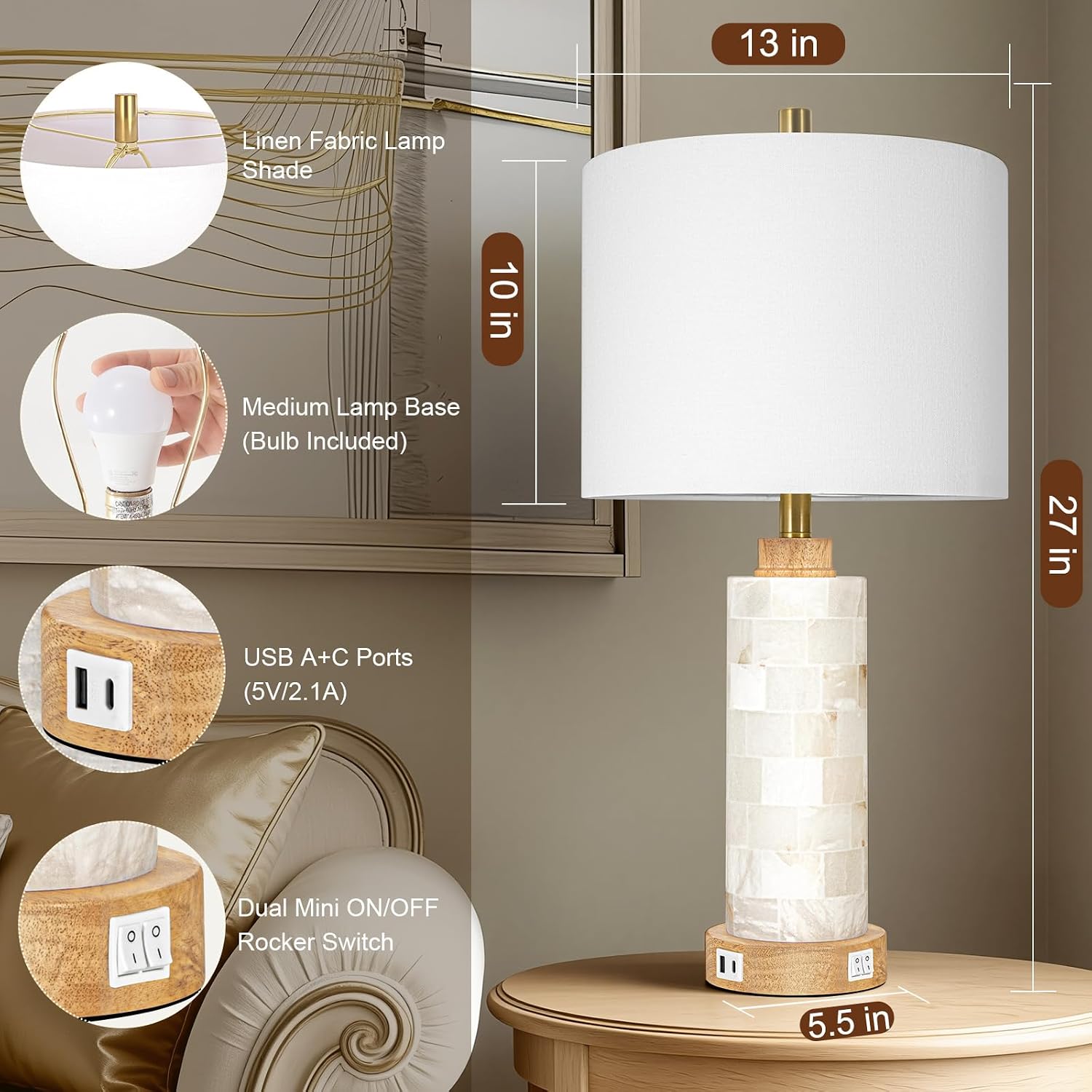 KIVDITZO 27' Alabaster and Wood Table Lamp Set of 2 with Night Light Nightstand Lamps with USB Ports White Linen Fabric Shade Bedside Lamp Decor for Living Room Bedroom Home Office Hotel Bar House