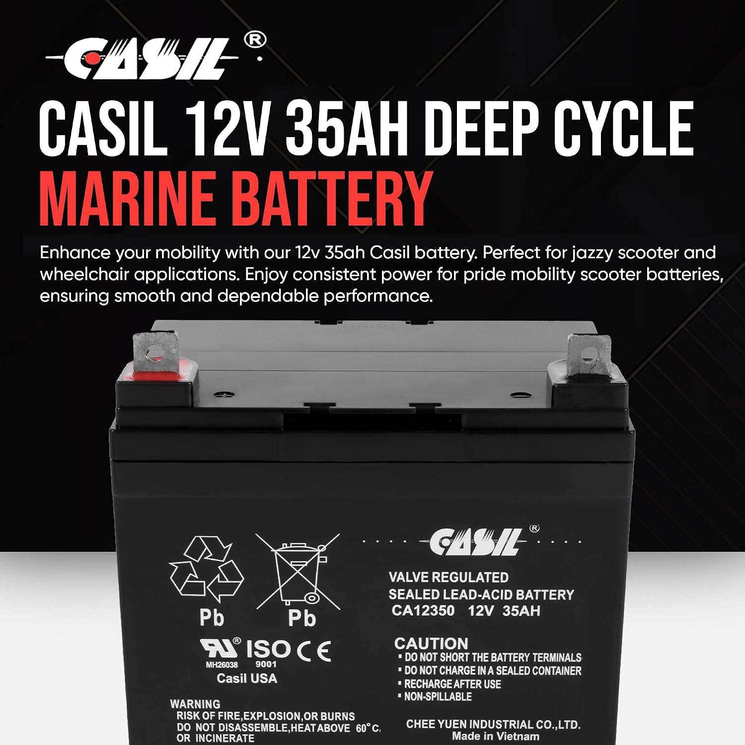 Casil 2 Pack U1 Deep Cycle AGM Battery 12V 35Ah | UB12350 Replacement | Sealed Lead Acid | Compatible with Jazzy Select GT, Pride Mobility Scooters & Wheelchairs