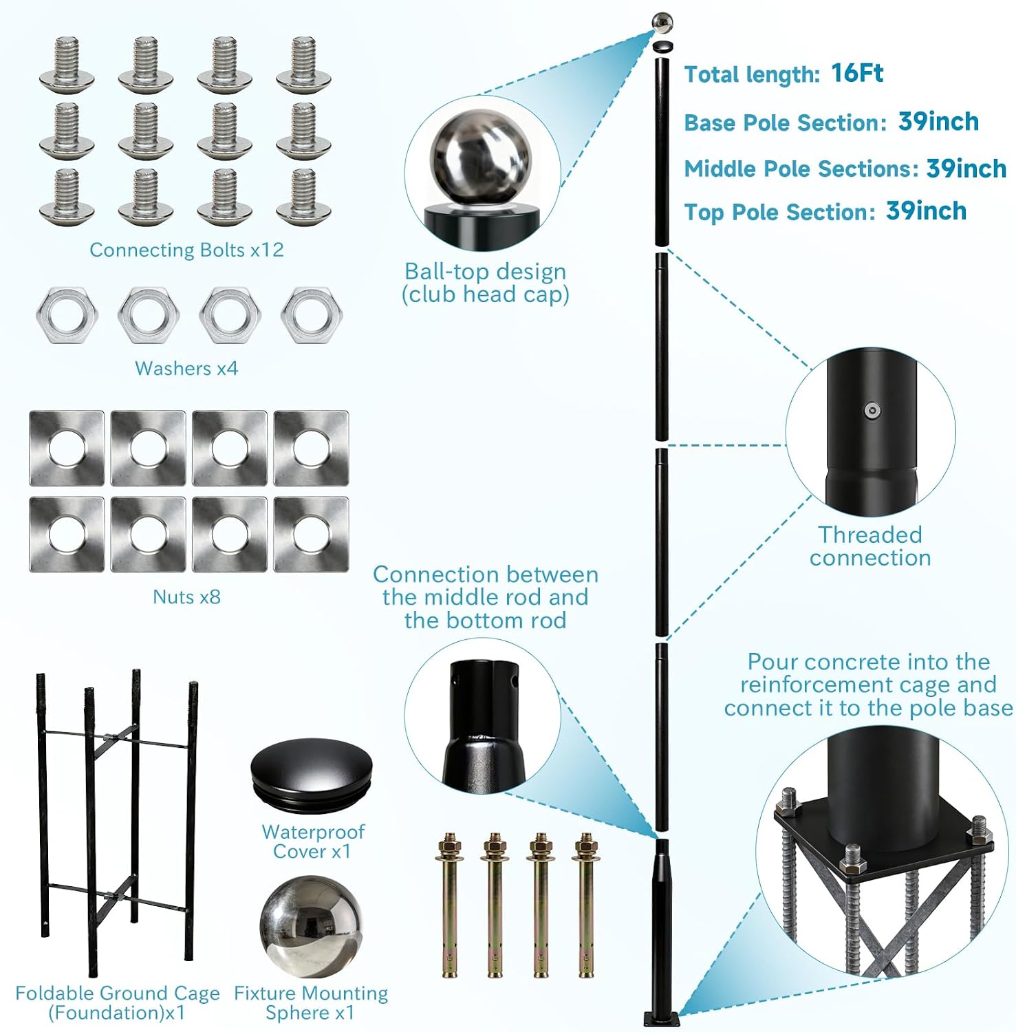 Street Light Pole 16 Ft Tall, Solar Street Lamp Post Fixture Accessory, Adjustable Street Light Poles for Outdoor Lighting with Mounting Rebar Cage Base,Suitable for Parking Lots,Basketball Courts