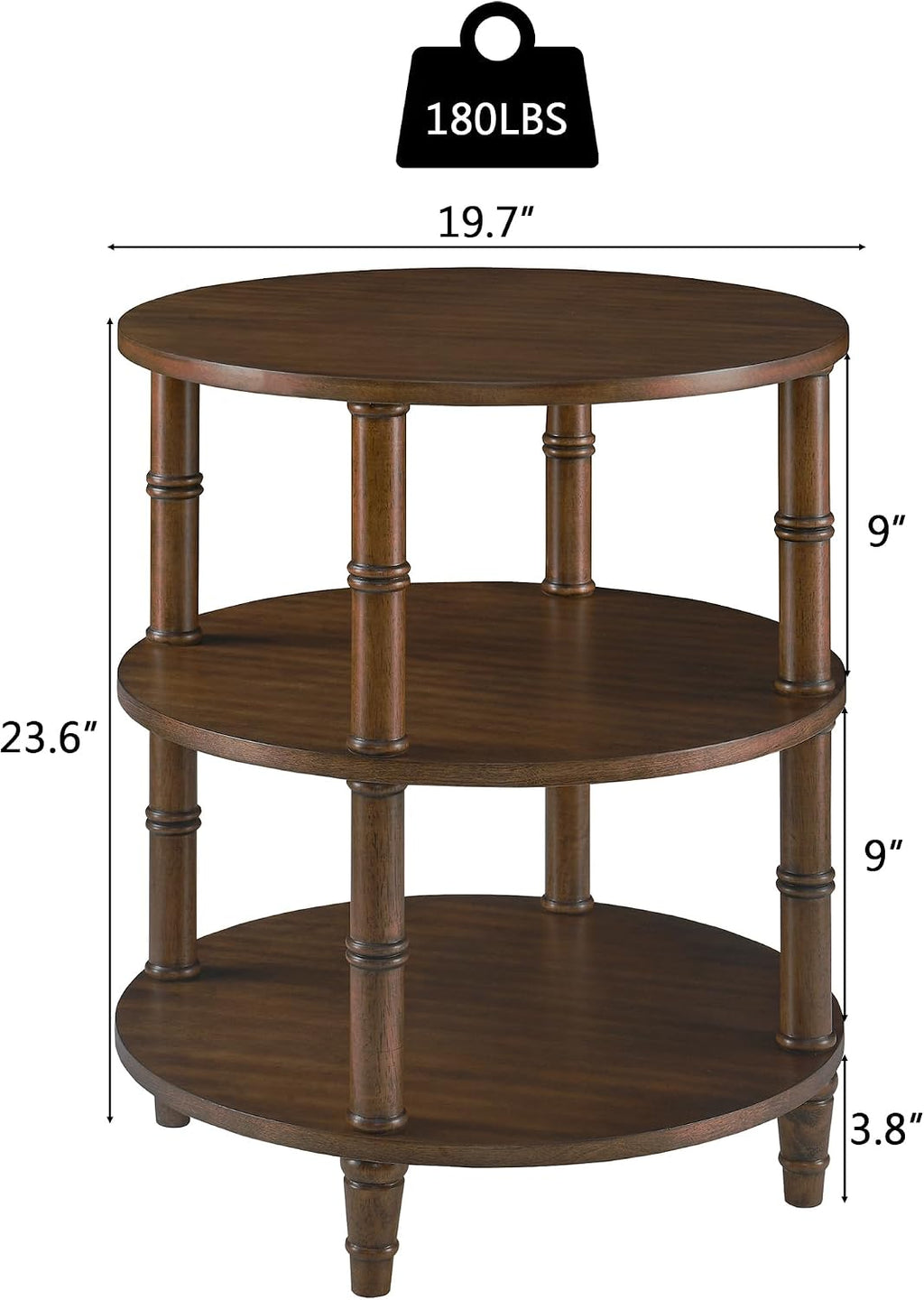 3-Tier Solid Wood Round End Table, Sofa Side Table with Open Storage Shelf Accent Corner Table with Wood Finish, Nightstand with Bamboo-Inspired Legs for Narrow Spaces, Dark Brown, 19.7'D x 23.6'H