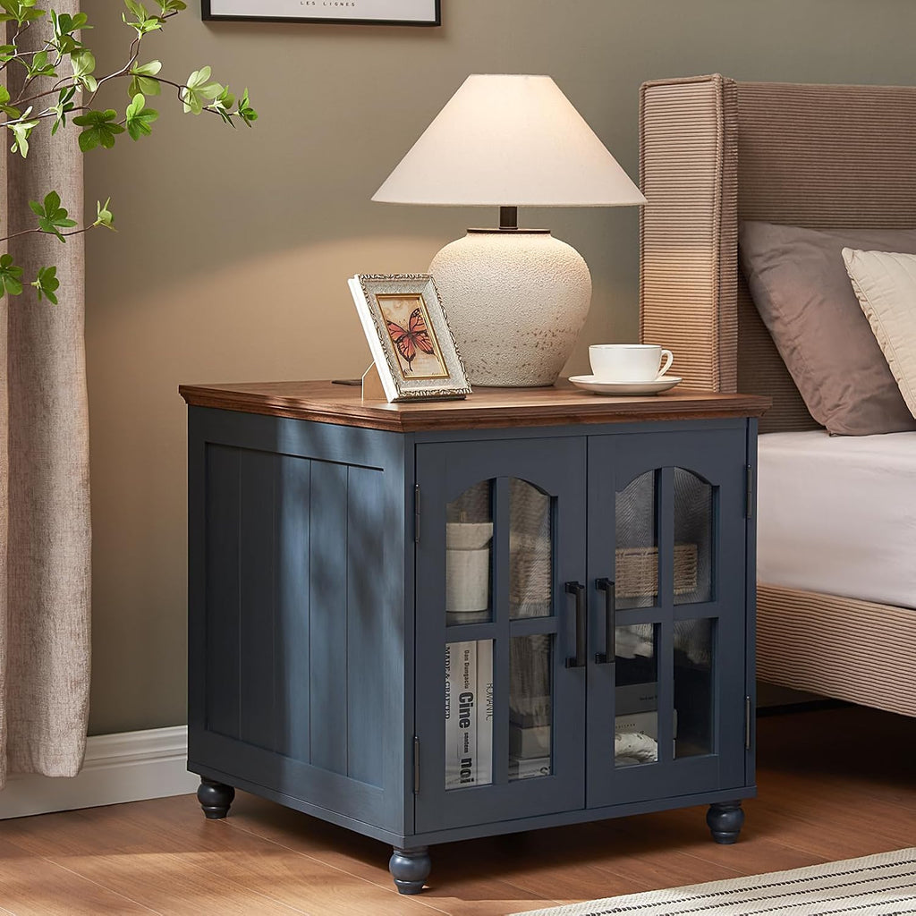 RWYHG Farmhouse 24' End Table Set of 2 with Charging Station, Large Sofa Side Table with Glass Barn Door,Wood Night Stand with Adjustable Storage Shelf,Square Bedside Table for Living Room,Bedroom