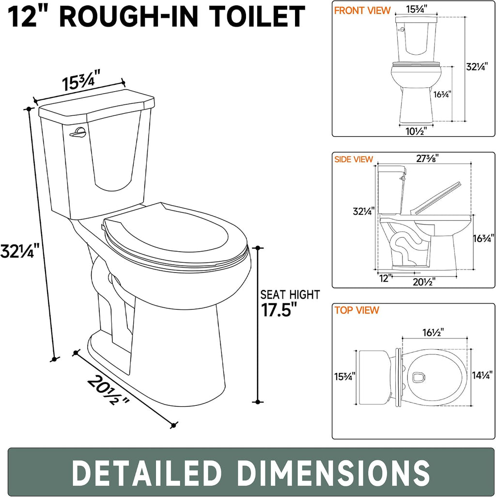 Compact 17 Inch Chair High White Toilet for Small Bathroom | Powerful Tornado Flush Single Flush 1.28 GPF, Comfort ADA Bowl Heigh 16.75' Tall Toilet for Seniors,Two Piece 12' Rough In