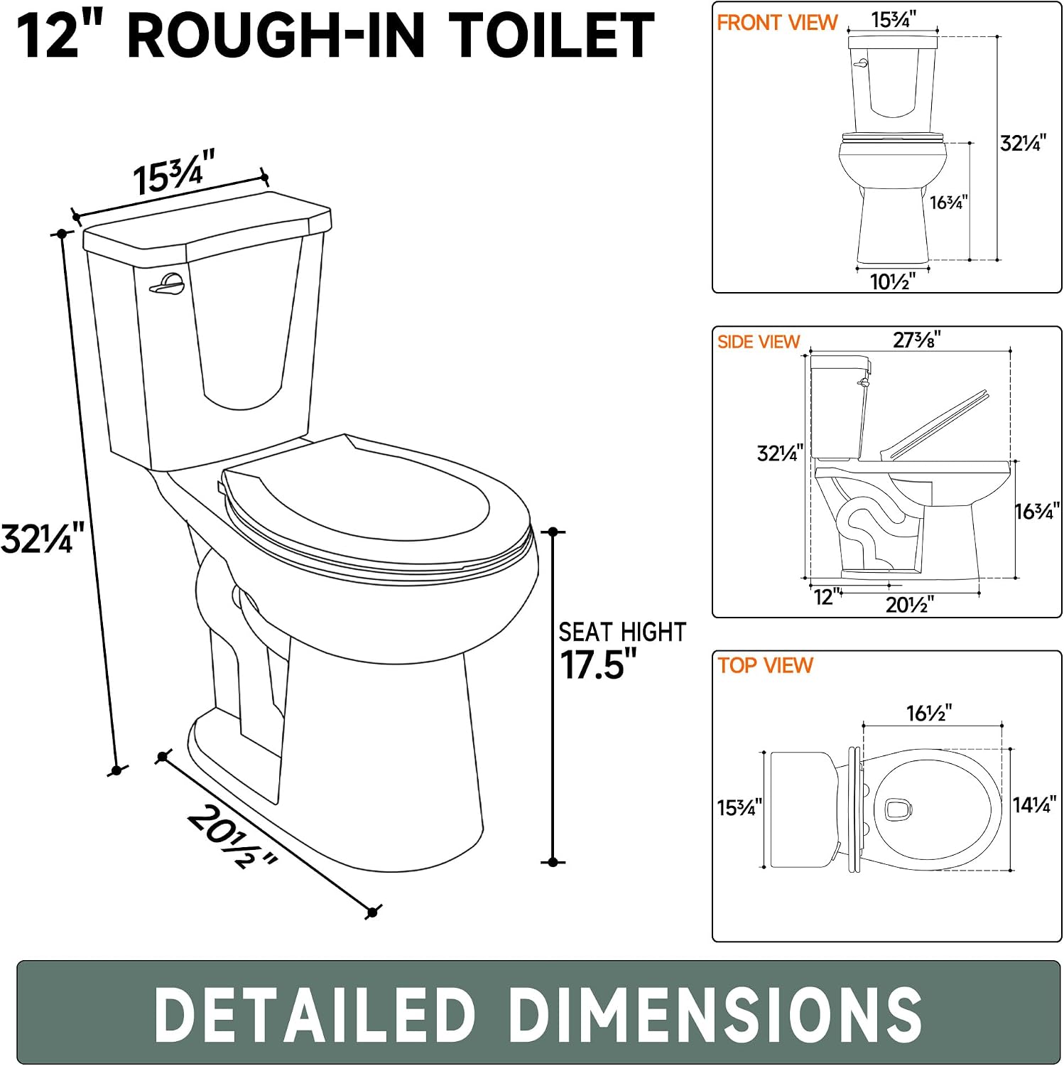 Compact 17 Inch Chair High White Toilet for Small Bathroom | Powerful Tornado Flush Single Flush 1.28 GPF, Comfort ADA Bowl Heigh 16.75' Tall Toilet for Seniors,Two Piece 12' Rough In
