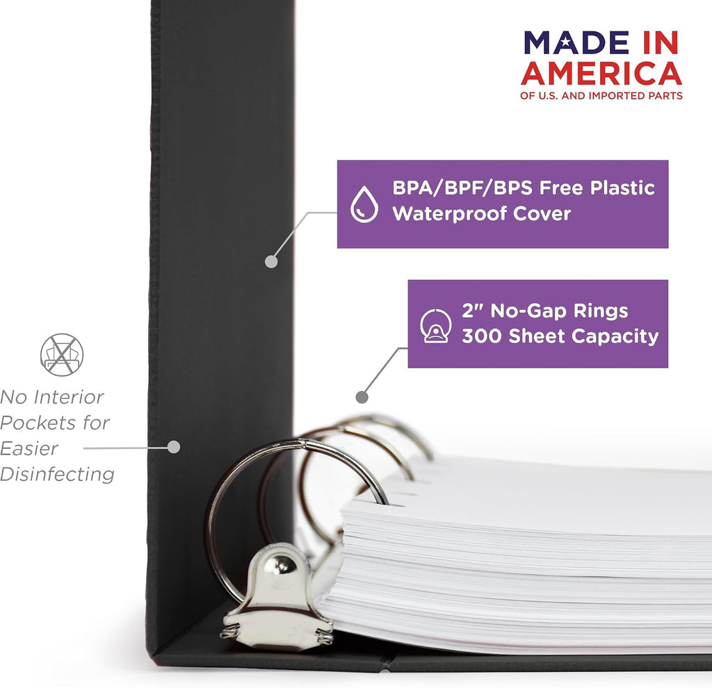 Carstens 2-Inch Heavy Duty 3-Ring Binder - Top Opening, Black, Durable Plastic, No-Gap Rings, Waterproof Cover, No Pockets, Holds 300 US Letter Sheets, BPA-Free, Made in USA (5879-3R), Case of 16