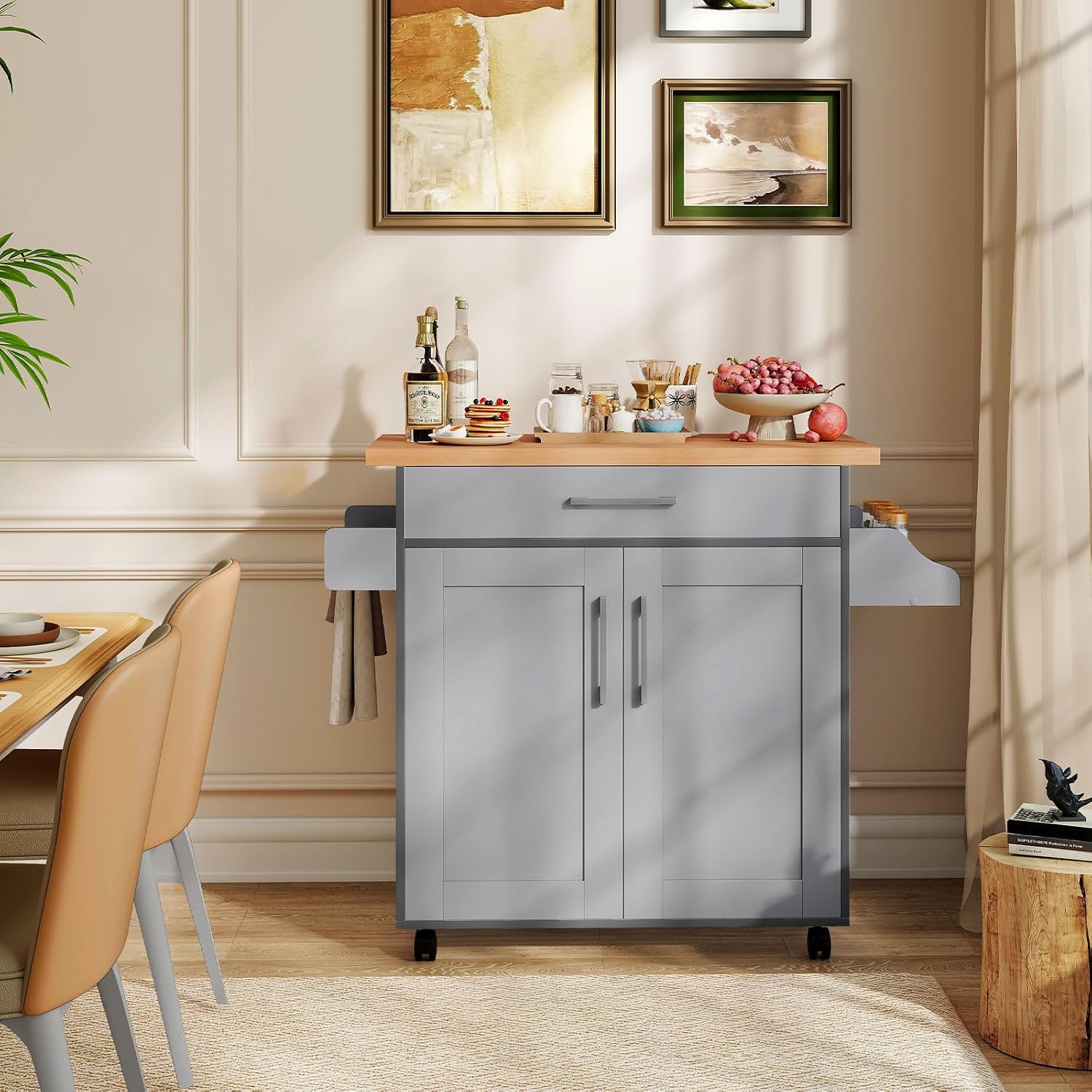Kitchen Island with Storage, 44' Width Rolling Kitchen Cart on Wheels with Drawer, Adjustable Shelf, Spice Rack and Towel Bar, Wooden Island Table for Dining Room, Living Room (Grey)