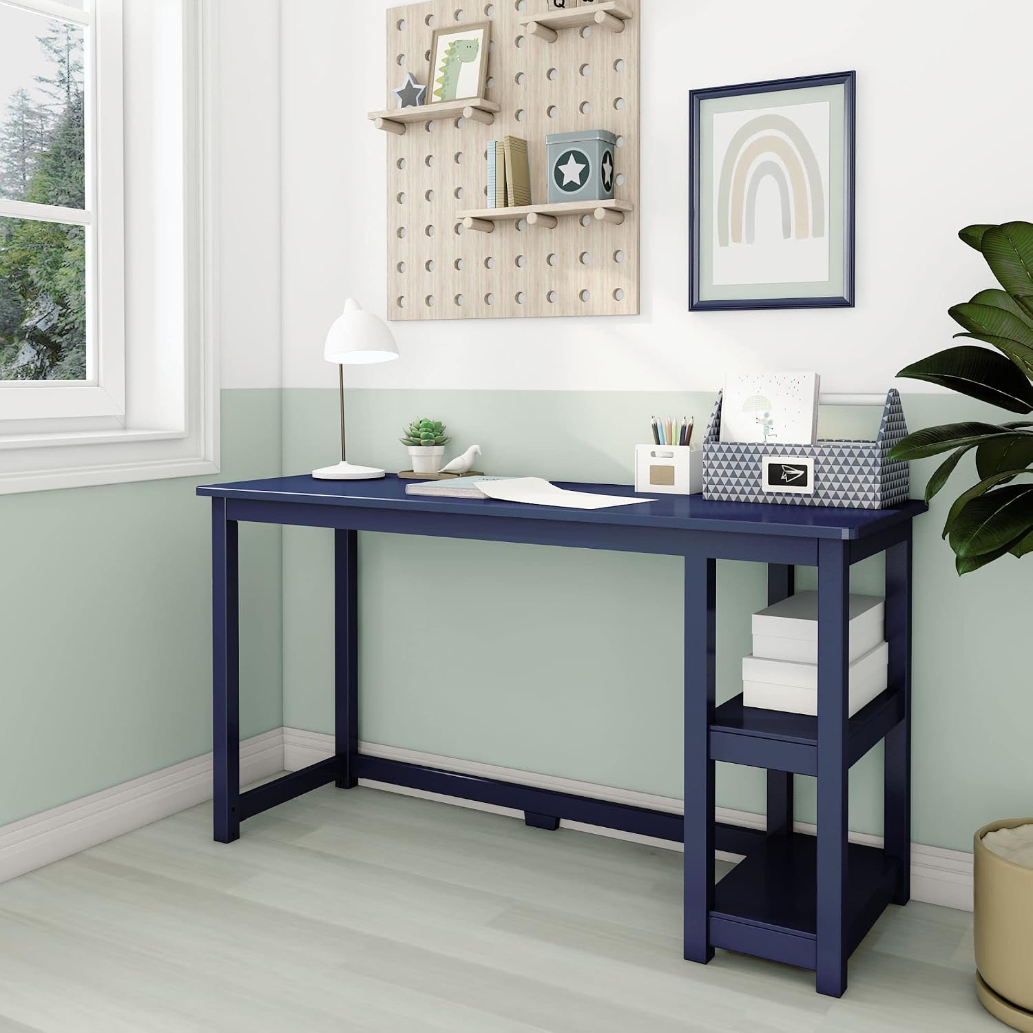 Max & Lily Solid Wood Desk With Shelves, 55 Inches, Blue