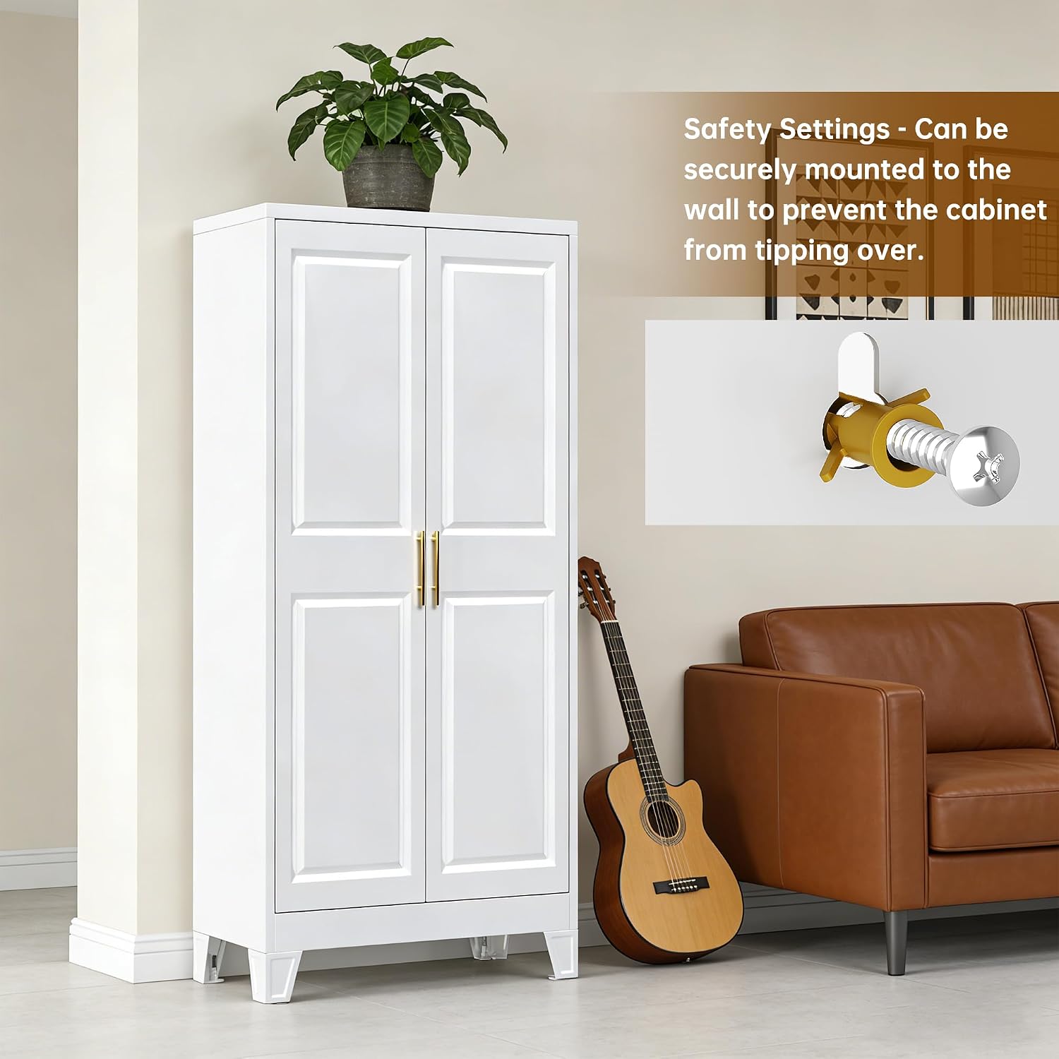 61.4' H Metal Pantry Cabinet with 3 Adjustable Shelves, Kitchen Pantry Cabinet with 2 Doors, Freestanding Food Cabinet for Kitchen, Home, Assembly Required, White