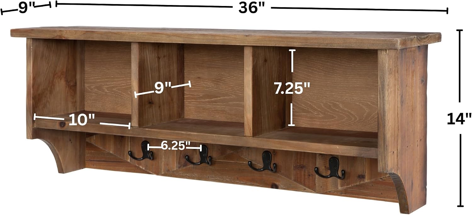 Revive Solid Wood Wall Mounted Coat Rack with 3 Cubbies and 4 Double Hooks – 36' Entryway Wall Shelf Organizer with Easy Installation for Hallway or Mudroom Storage by Alaterre Furniture (Natural)