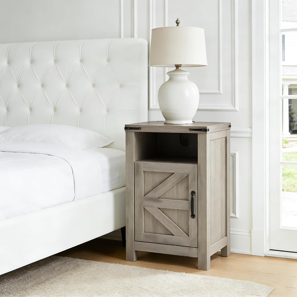 Farmhouse Nightstand Set of 2, Bedside Table with Charging Station, Night Stand with Barn Door, Grey End Table Sofa Side, Nightstand Storage for Bedroom Living Room, Grey