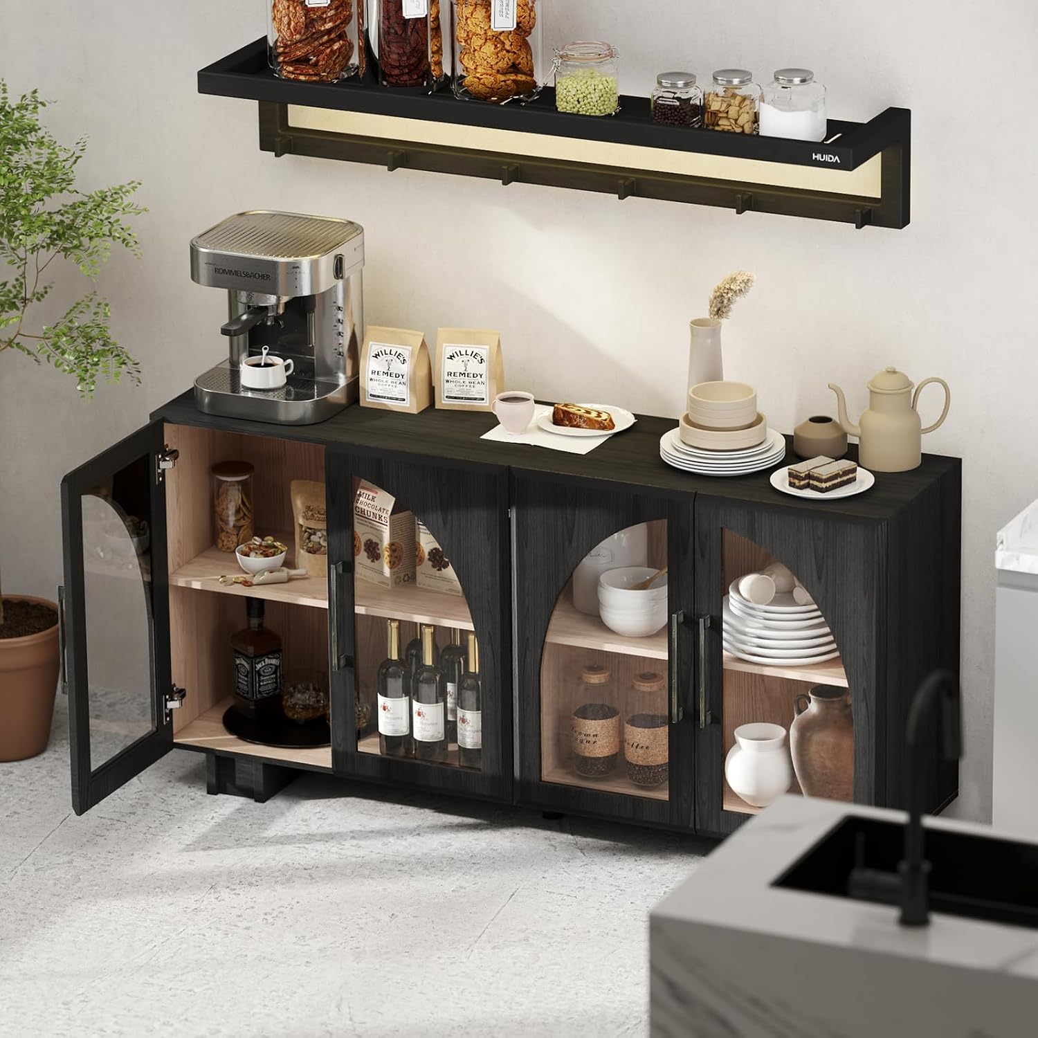 JOINICE Sideboard Buffet Cabinet with Storage,63' Modern Accent Console Cabinet with Glass Doors,Arched Credenza Storage Cabinet with Adjustable Shelves for Entryway,Kitchen,Black
