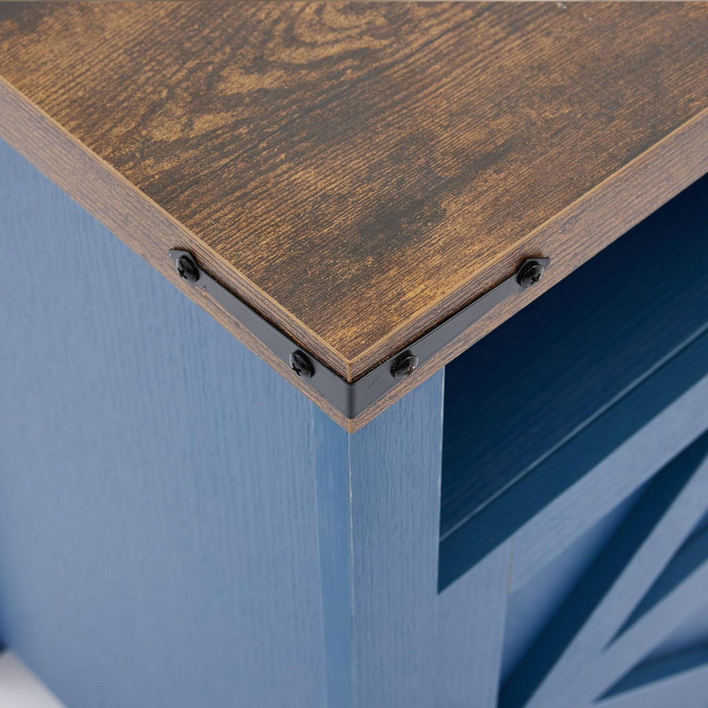 Farmhouse Nightstand Set of 2, Bedside Table with Charging Station, Night Stand with Barn Door, Blue End Table Sofa Side, Nightstand Storage for Bedroom Living Room, Blue
