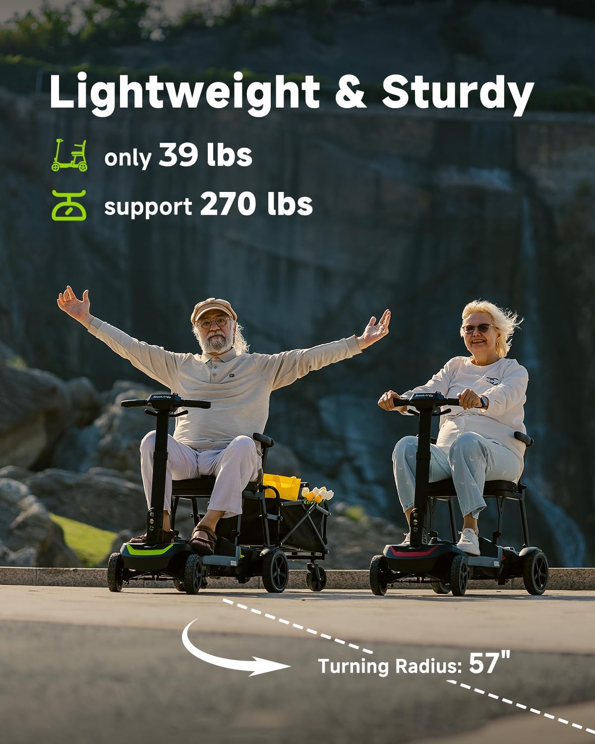 SCOOTNGO Mobility Scooters for Seniors & Adults 4 Wheel Travel Mobility Scooter Airline Approved with Two Batteries, Lightweight, Foldable, No Assembly Needed (Black Yellow, Dual Batteries with Wagon)