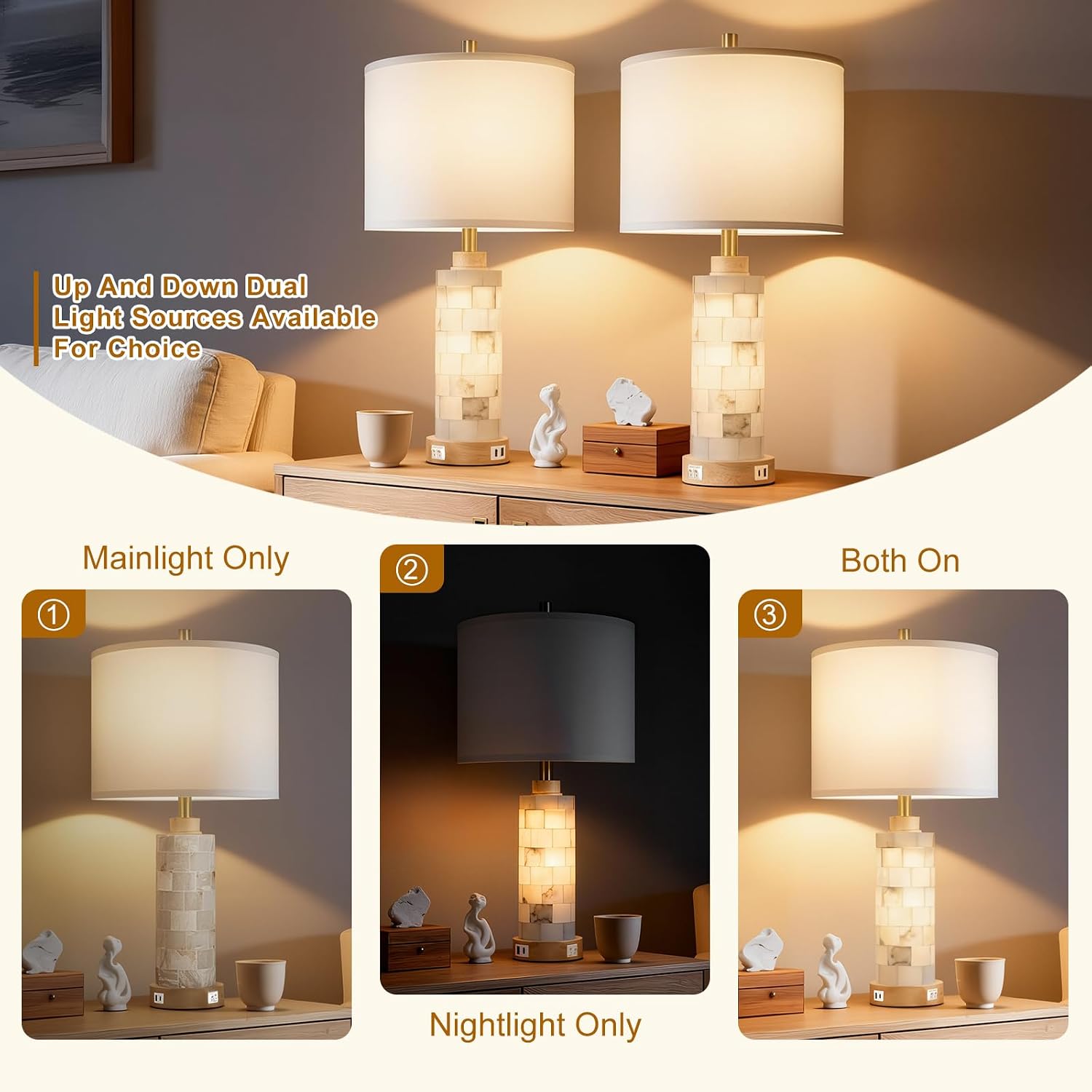 KIVDITZO 27' Alabaster and Wood Table Lamp Set of 2 with Night Light Nightstand Lamps with USB Ports White Linen Fabric Shade Bedside Lamp Decor for Living Room Bedroom Home Office Hotel Bar House