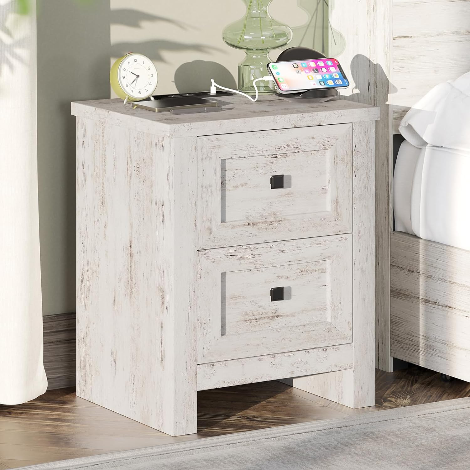 AMERLIFE Large Nightstand Set of 2 with Charging Station, Bedside Table with USB Ports and Outlets, Farmhouse Wood End Table for Bedroom, Distressed White