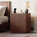 Nightstand with Charging Station, Wood Night Stand with 3 Drawers Storage Bedside Table Large Fluted Bed Side End Table, Modern Nightstand for Bedroom Living Room (Walmut)