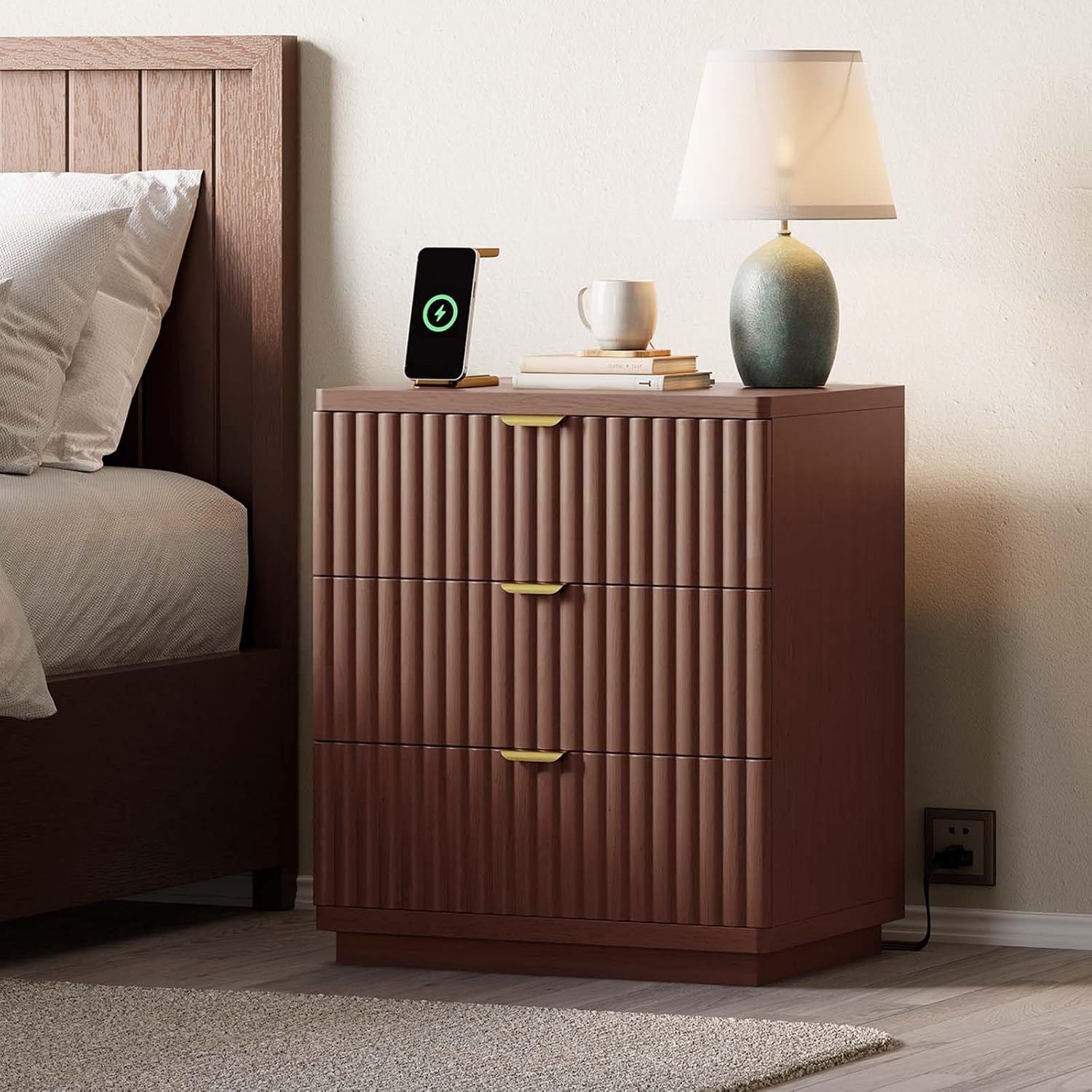 Nightstand with Charging Station, Wood Night Stand with 3 Drawers Storage Bedside Table Large Fluted Bed Side End Table, Modern Nightstand for Bedroom Living Room (Walmut)