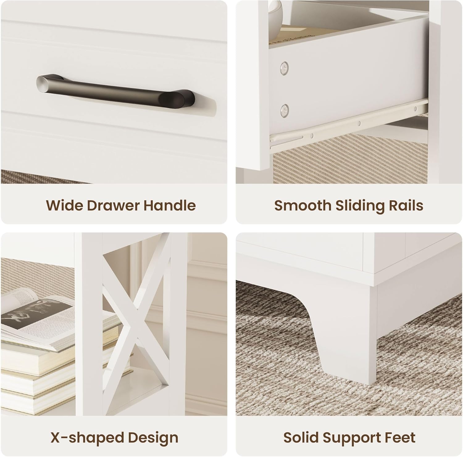 Tall Nightstand Set of 2 Side Table with 2 Drawers Modern Night Stand Wooden End Table Bedside Table with Upper Open Shelf Solid Feet for Bedroom, White