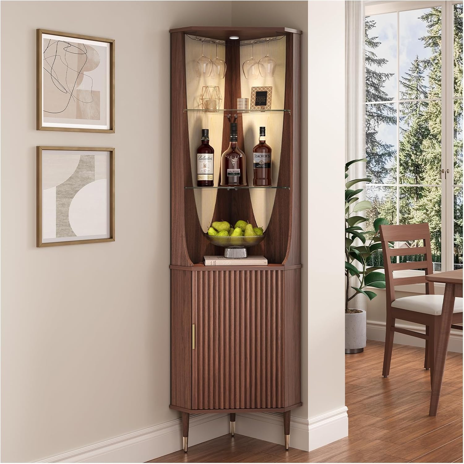 JOINICE 70' Tall Corner Bar Cabinet, Mid-Century Modern Fluted Storage Cabinet with Glass Shelves, Door & LED Lighting, Space-Saving Liquor Cabinet for Living Room, Kitchen, or Dining Room, Walnut