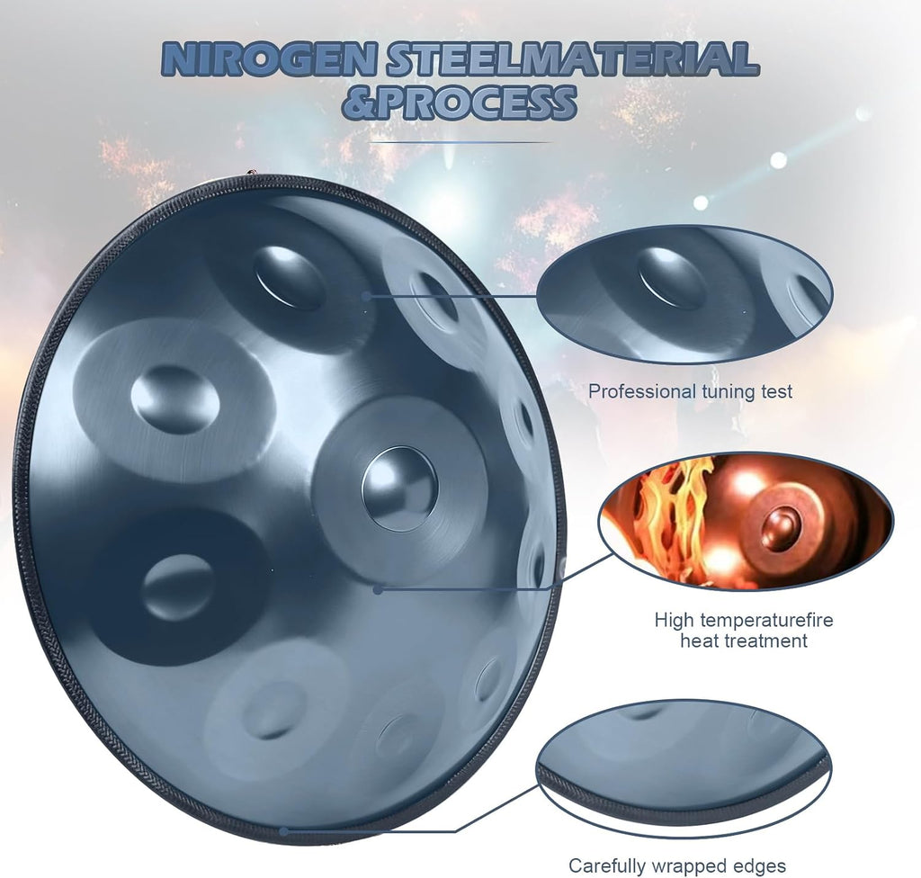 Handpan 22 Inches Drum Set, 440Hz 9 Notes Hand Drum Instrument, Premium Steel Hand Drum, Includes Carrying Case, Drumsticks, Spiral Wraps, Instruction Guide (22 Inches -9 Note -Blue)