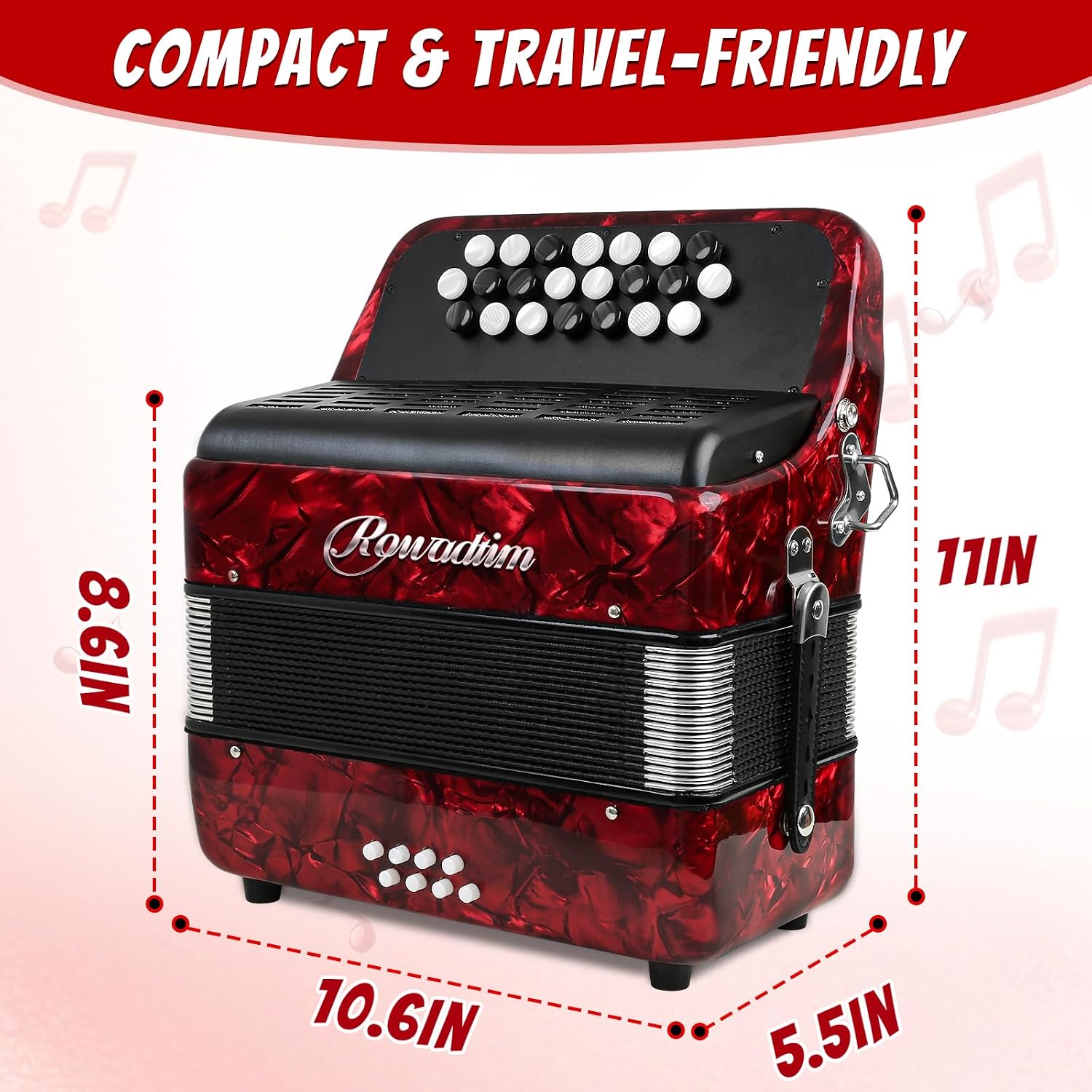 Accordions,22 keys Accordion,8 Bass Student Piano accordions Suitable for beginners and students Lightweight and portable, comes with a backpack and adjustable straps (8 Bass, Red)