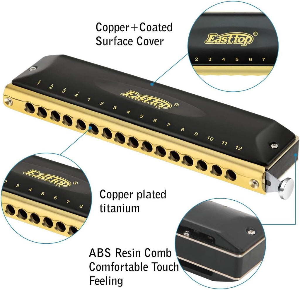 East top 16 Holes 64 Tones Chromatic Harmonica Key of C, Chromatic Mouth Organ Harmonica For Adults, Professionals and Students (BK)