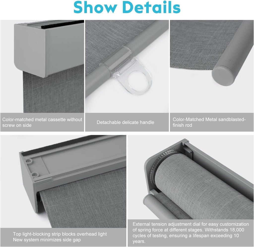 100% Blackout Roller Shades, Free-Stop Cordless Roller Blinds for Windows, Thermal Insulated Linen Fabric Window Shades UV Protection for Home, Door, Grey, 56' W x 72' H