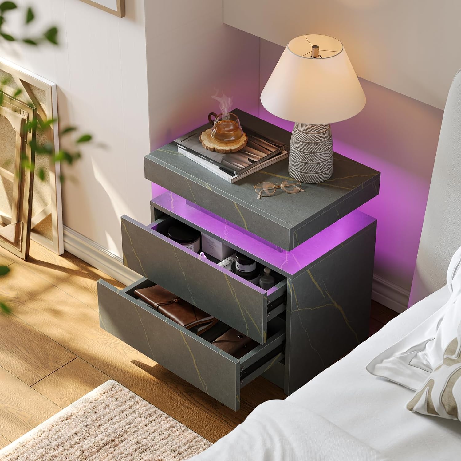 Cubehom Nightstands Set of 2, Bedside Tables with LED Lights, Night Stands with 2 Wood Drawers, End Tables Set of 2 for Living Room/Bedroom