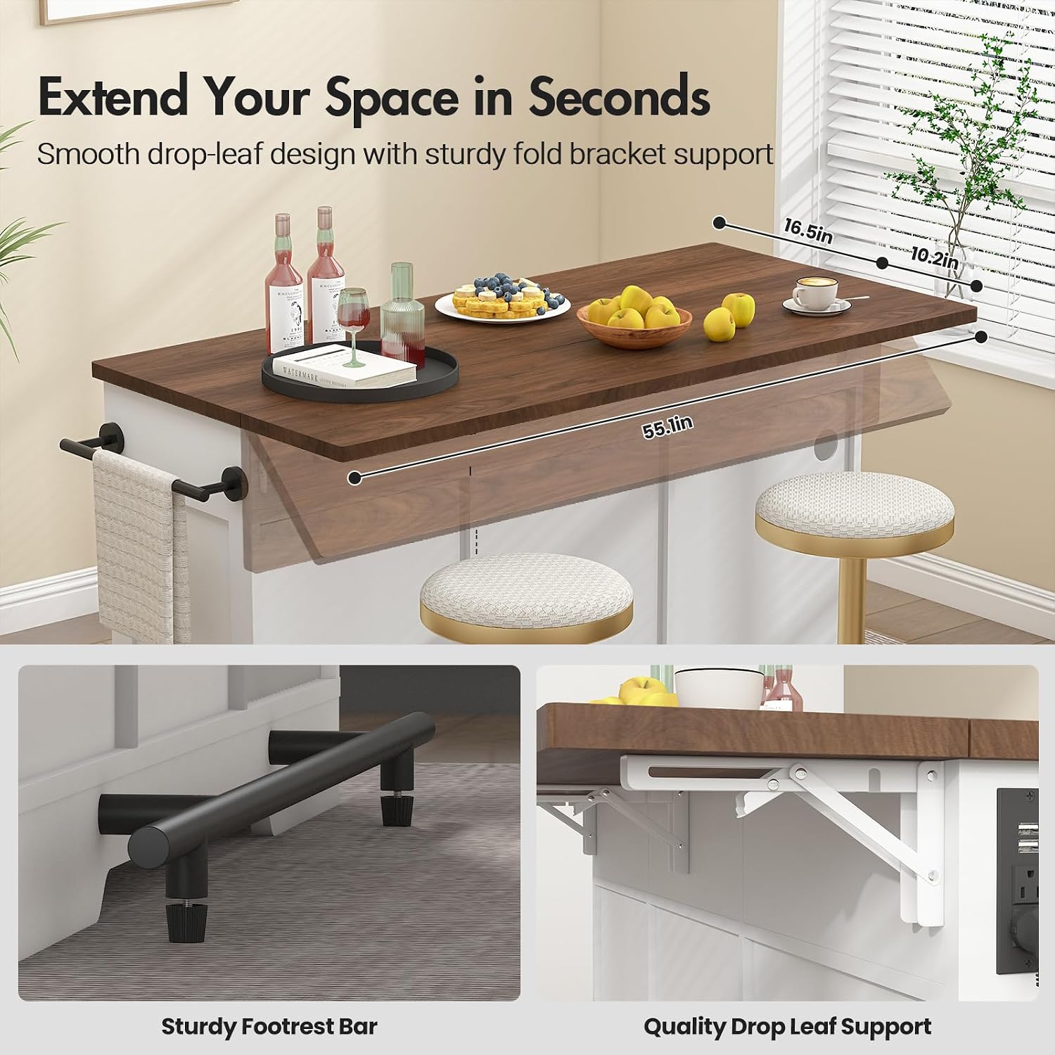 Kikihouse 55' Drop Leaf Kitchen Island Table with Power Outlet, Large Stationary Breakfast Bar with Storage Drawers, Trash Cabinet, Adjustable Shelves, Towel Rod & Spice Rack (White & Walnut)
