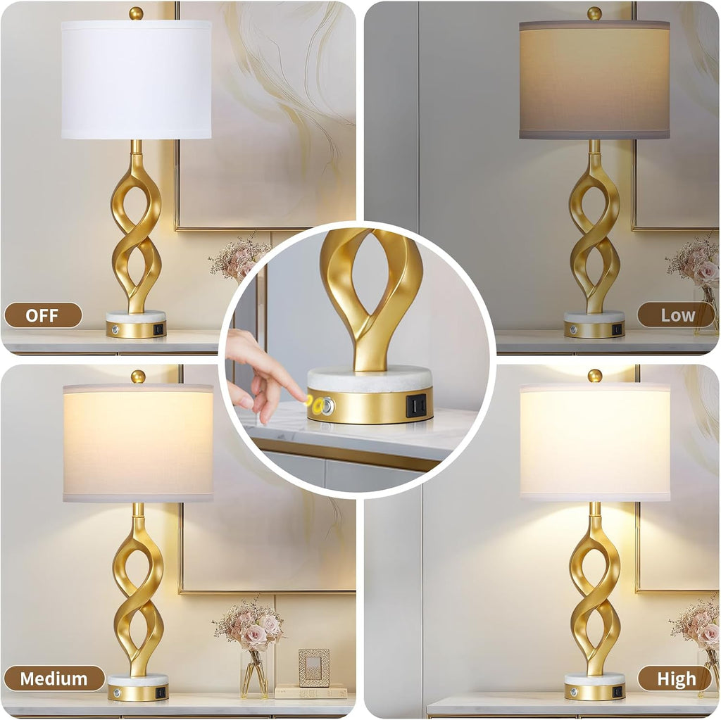 Cinyirong 30' White and Gold Table Lamps Set of 2 for Living Room, Modern Touch Control Bedside Lamps for Bedroom, 3-Way Dimmable Sculptural Resin Nightstand Lamps with USB A+C Ports and 2 LED Bulbs