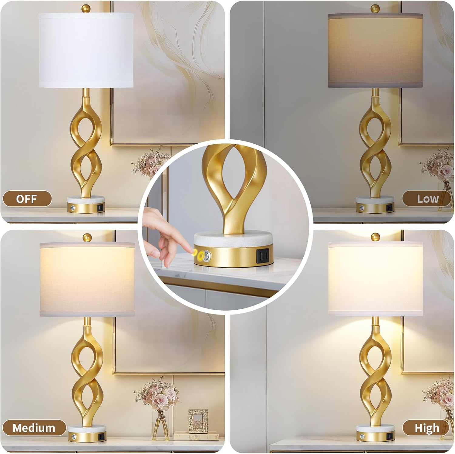 Cinyirong 30' White and Gold Table Lamps Set of 2 for Living Room, Modern Touch Control Bedside Lamps for Bedroom, 3-Way Dimmable Sculptural Resin Nightstand Lamps with USB A+C Ports and 2 LED Bulbs