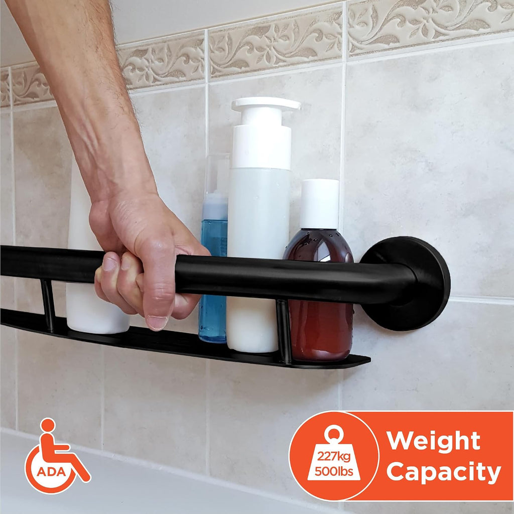 HEALTHCRAFT Plus Shampoo Shelf & Grab Bar 24', ADA Safety - Matte Black | Built-in shampoo shelf, concealed screws, no separate shelf needed