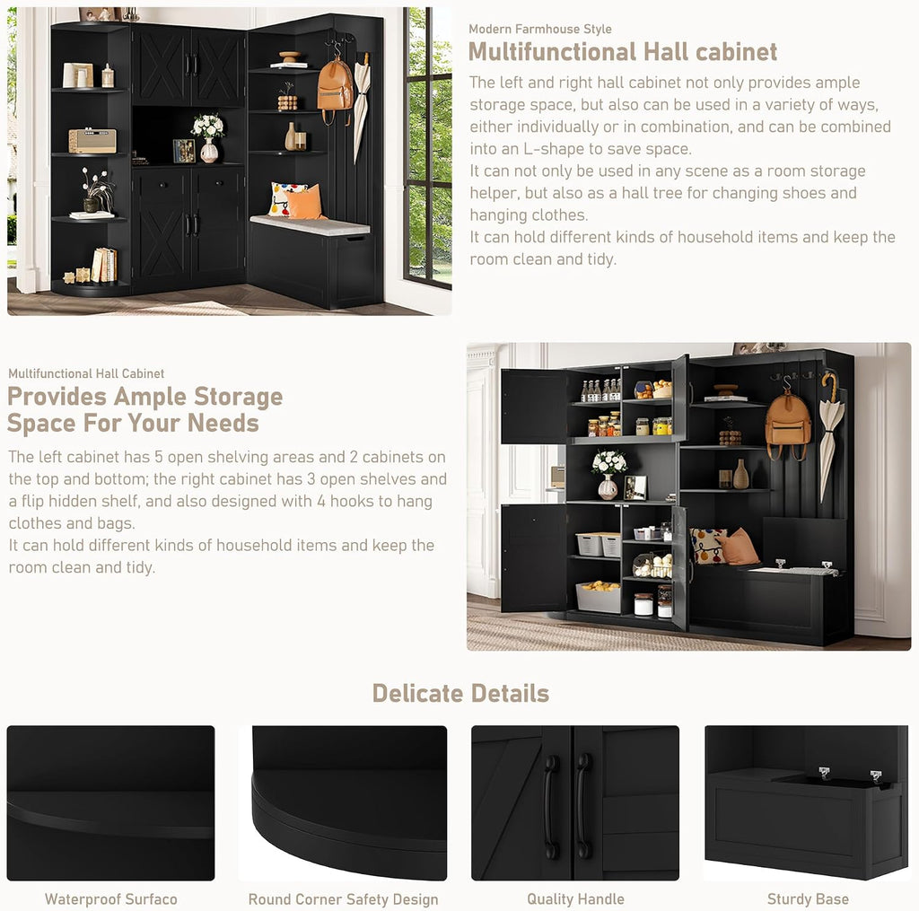 Multifunctional Hall Tree with Shoe Bench & Storage Cabinet,2-in-1 Left-Right L-Shaped Corner Entryway Cabinets with Coat Rack & Open Shelves,Modern Storage Organizer for,Living Room (Black)