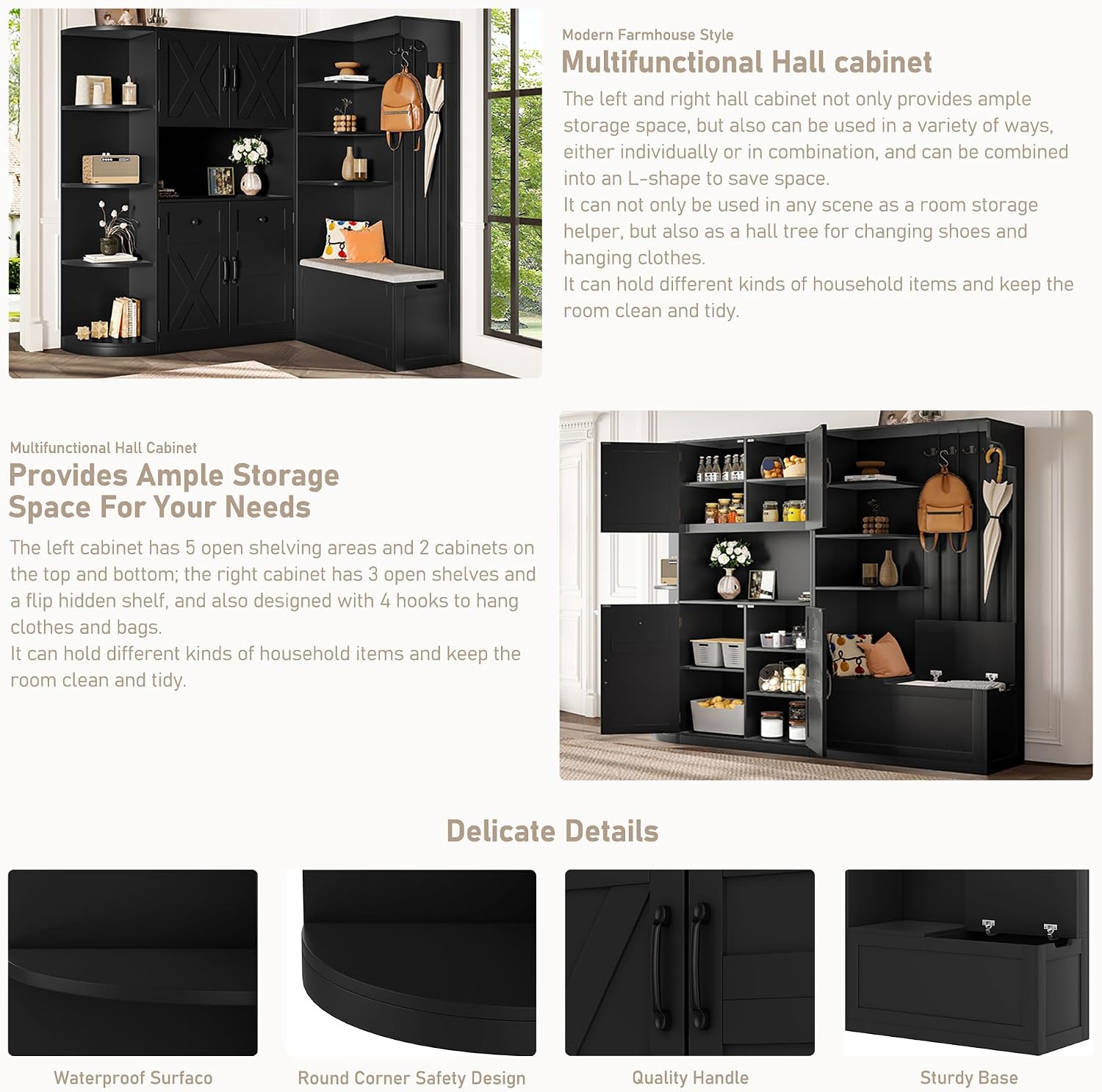 Multifunctional Hall Tree with Shoe Bench & Storage Cabinet,2-in-1 Left-Right L-Shaped Corner Entryway Cabinets with Coat Rack & Open Shelves,Modern Storage Organizer for,Living Room (Black)