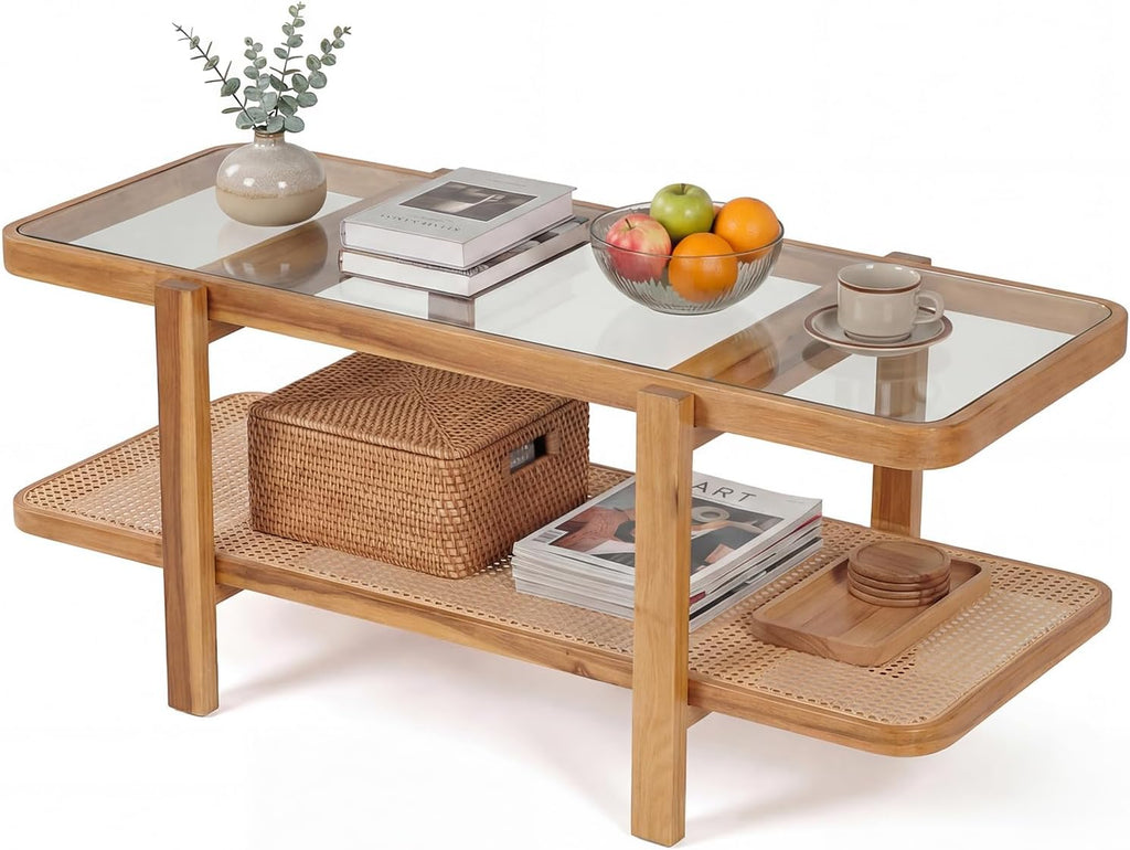 GOFLAME Rattan Coffee Table, 47.5' Solid Wood Center Table with Tempered Glass Top & Rattan Storage Shelf, Rectangular, Farmhouse, Boho, 2-Tier Mid Century Modern Tea Table for Living Room (Oak)