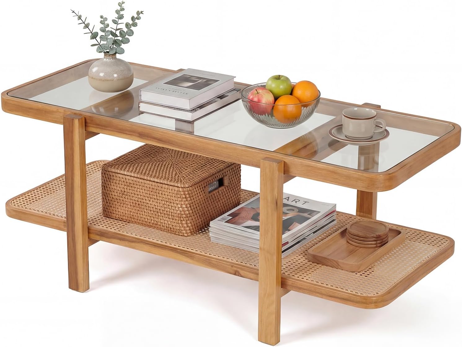GOFLAME Rattan Coffee Table, 47.5' Solid Wood Center Table with Tempered Glass Top & Rattan Storage Shelf, Rectangular, Farmhouse, Boho, 2-Tier Mid Century Modern Tea Table for Living Room (Oak)