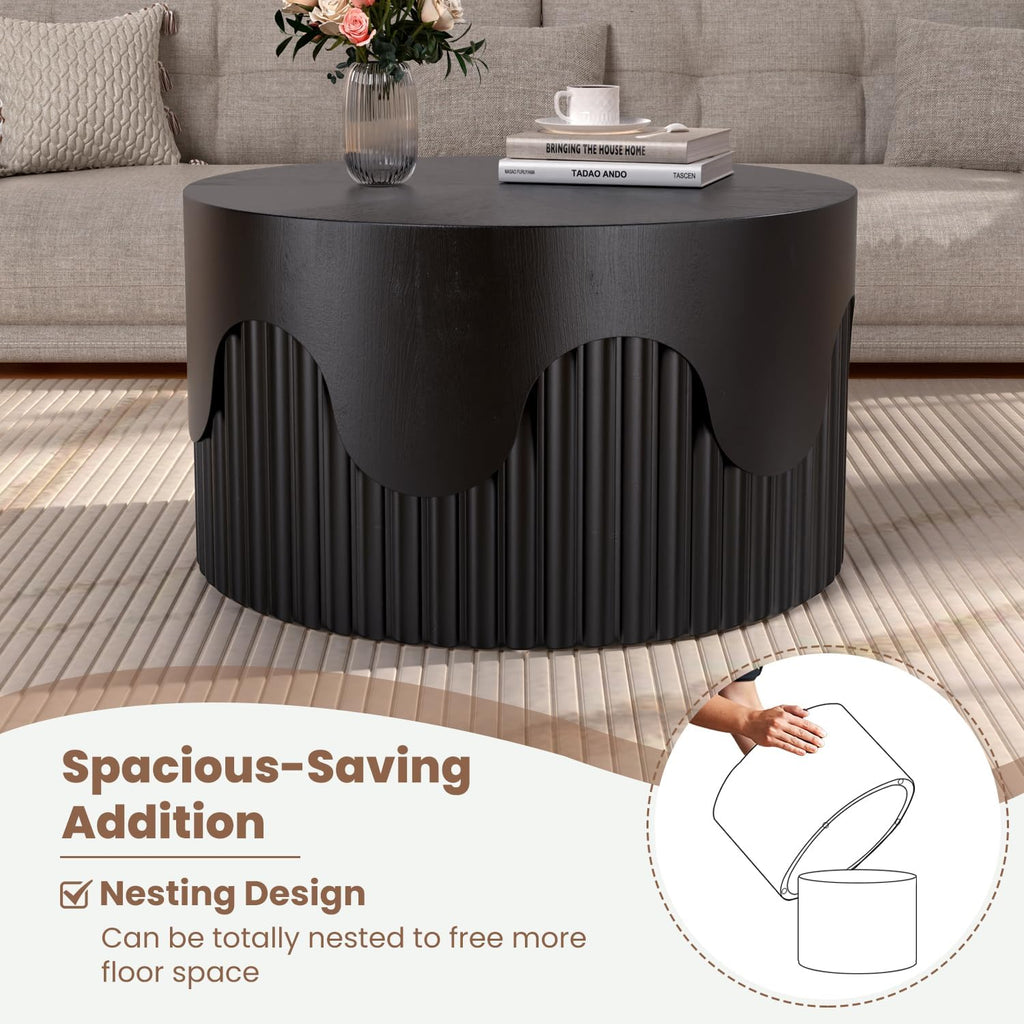 Fluted Round Nesting Coffee Table Set of 2, Modern Unique Circle Coffee Table, Drum Side Tea Table, Space-Saving for Living Room, Bedroom, Balcony, Office, No Assembly (26.77'+19.69' Black A)