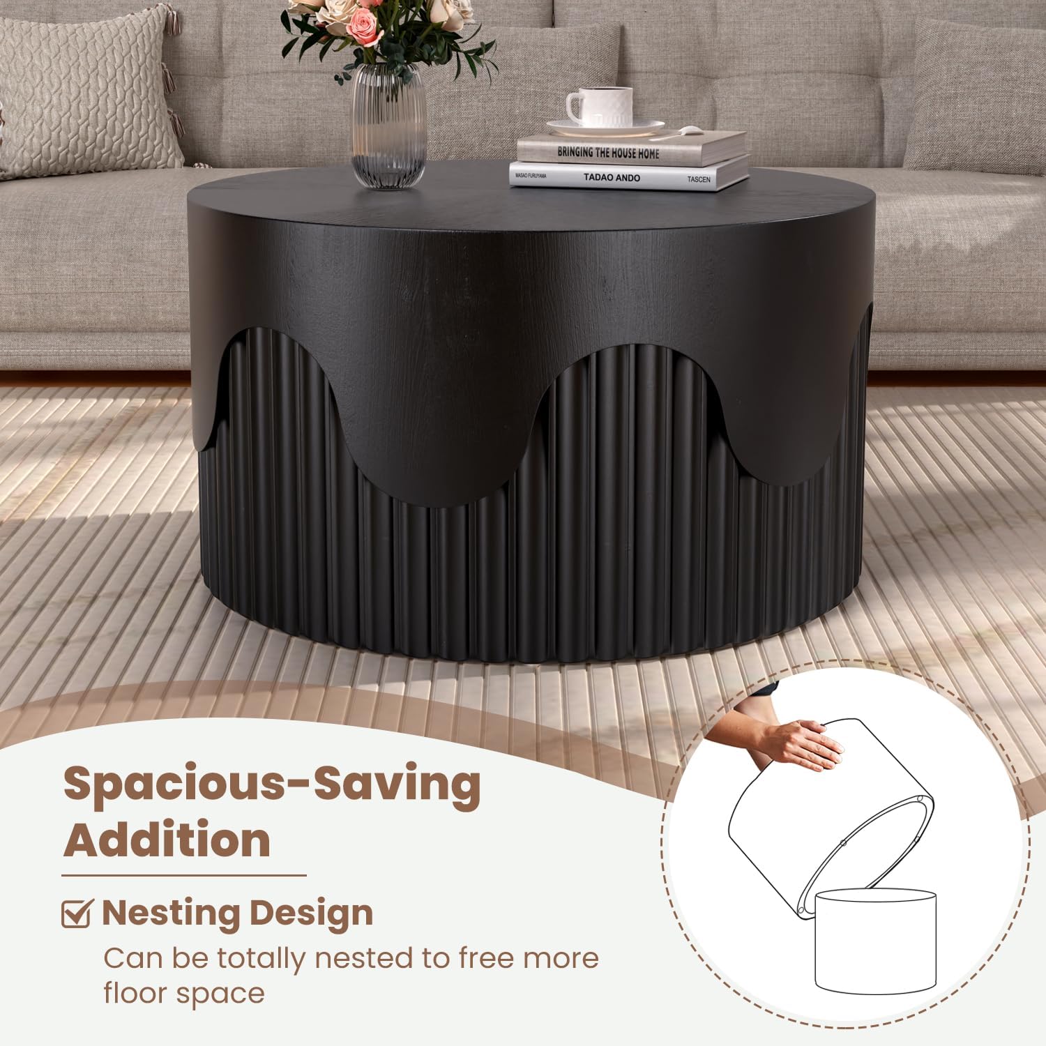 Fluted Round Nesting Coffee Table Set of 2, Modern Unique Circle Coffee Table, Drum Side Tea Table, Space-Saving for Living Room, Bedroom, Balcony, Office, No Assembly (26.77'+19.69' Black A)