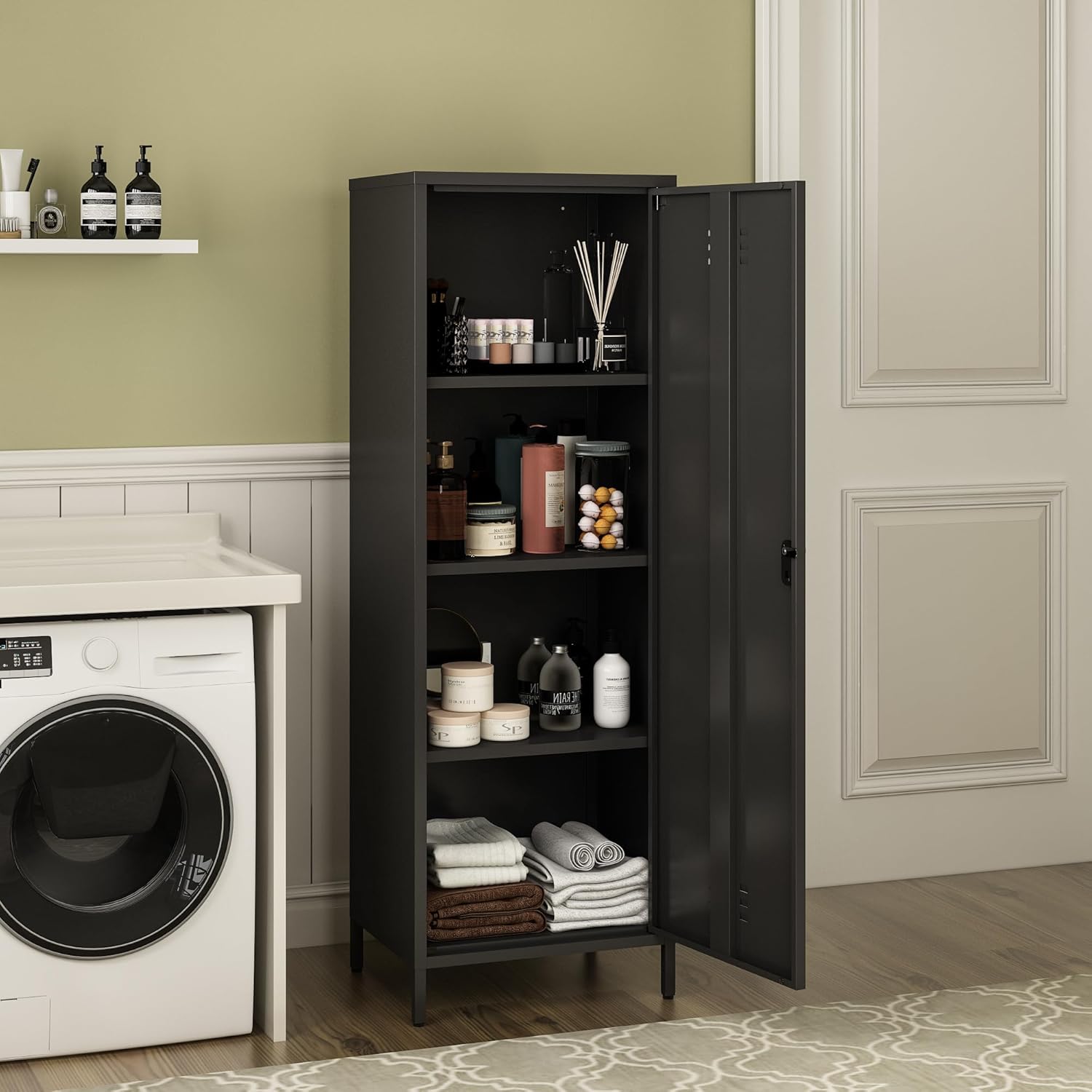 Steehoom Metal Storage Cabinet with Lock, Lockable Metal Single Door Cabinet Steel File Locker with 3 Adjustable Shelves 59.06-inch high for School, Living Room, Home, Office, Pantry (Black, H59.06'')
