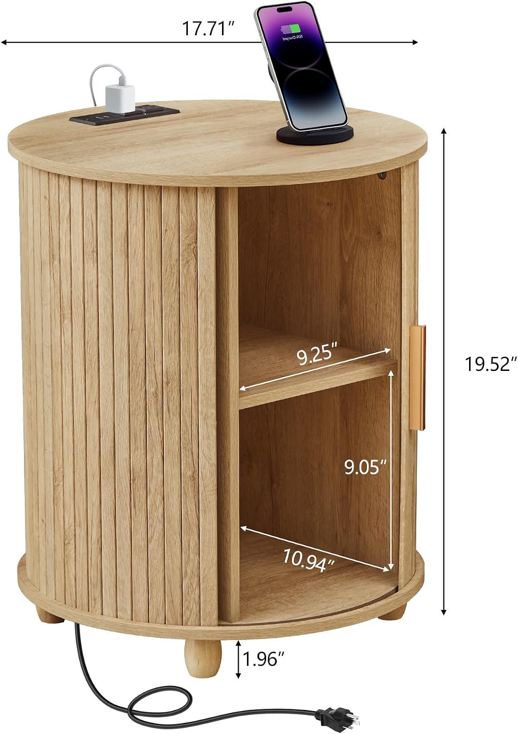 Set of 2 Fluted Round End Table with Charging Station, Small Farmhouse Sofa Side Table with Sliding Tambour Door & Storage, Mid-Century Wood Fulted Nightstands for Living Room, Bedroom (Natural)