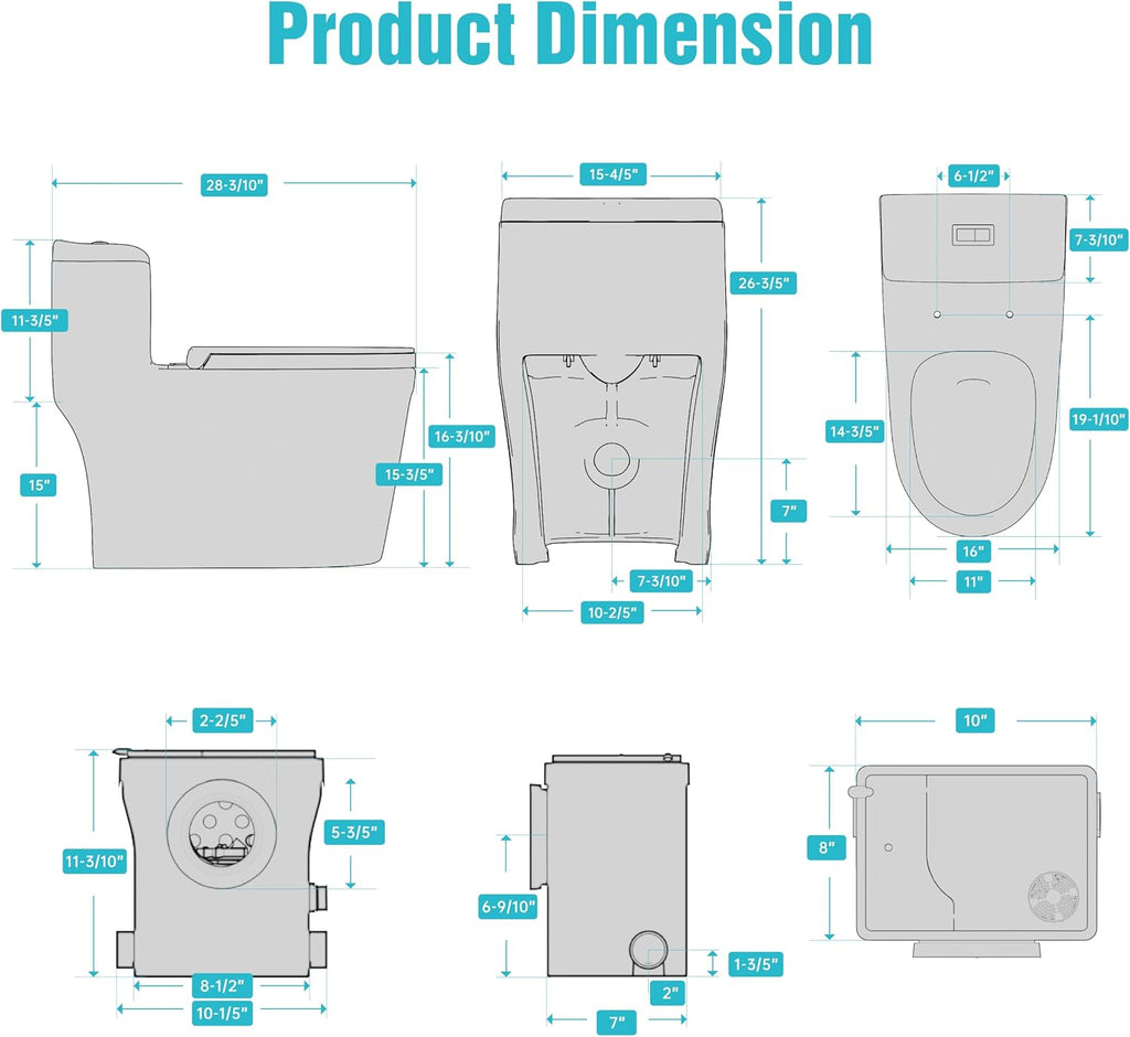 SUPERFLO Macerating Toilet System with 600W Macerator Pump, One Piece Upflush Toilet for Basement Bathroom, Rear Outlet Toilet with 3 Water Inlets for Sink, Shower & Laundry