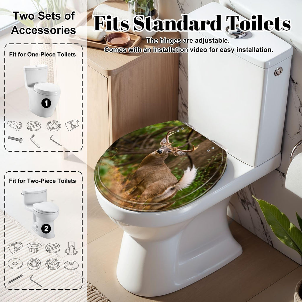 Round Toilet Seat Deer Hunting Animals Hunting White Tailed Deer Pennsylvania Stag Resin Toilet Seat Slow Quiet Close Lid with Quick-Release Hinges Cover Bumpers Easy to Clean Install