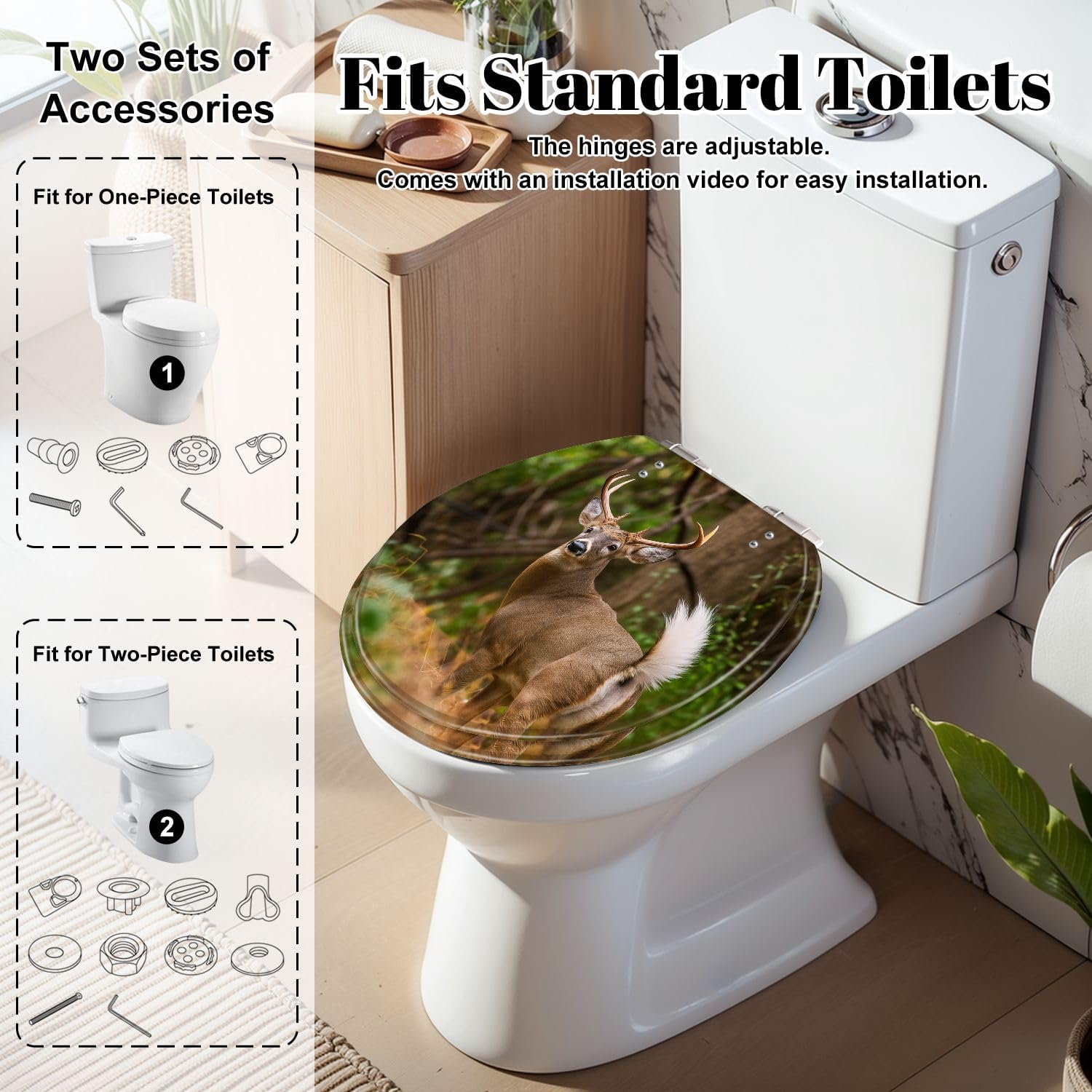 Round Toilet Seat Deer Hunting Animals Hunting White Tailed Deer Pennsylvania Stag Resin Toilet Seat Slow Quiet Close Lid with Quick-Release Hinges Cover Bumpers Easy to Clean Install