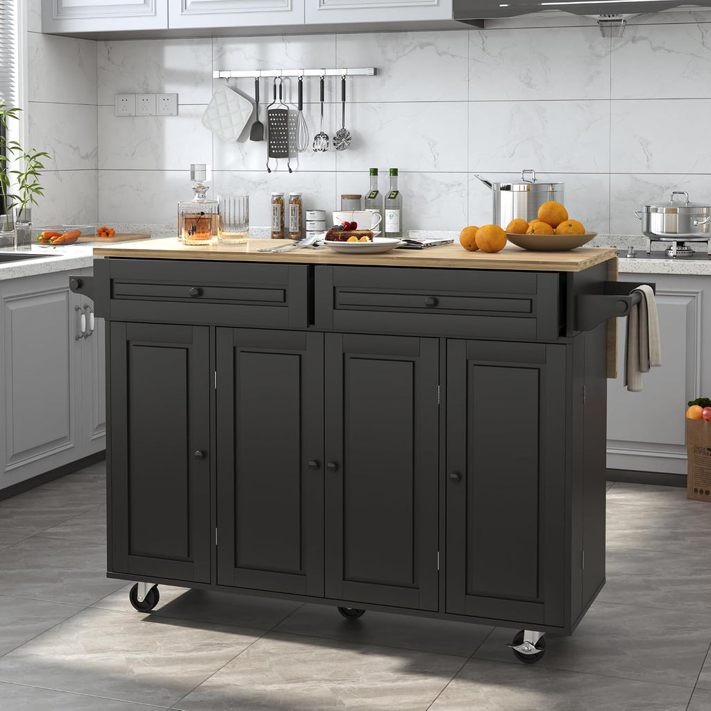 Squireewo 55' Kitchen Cart with Wood Top and Drop Leaf Breakfast Bar, Rolling Mobile Kitchen Island Table on Wheels with Drawer and Storage Cabinet, Spice Rack, Towel Rack, Black