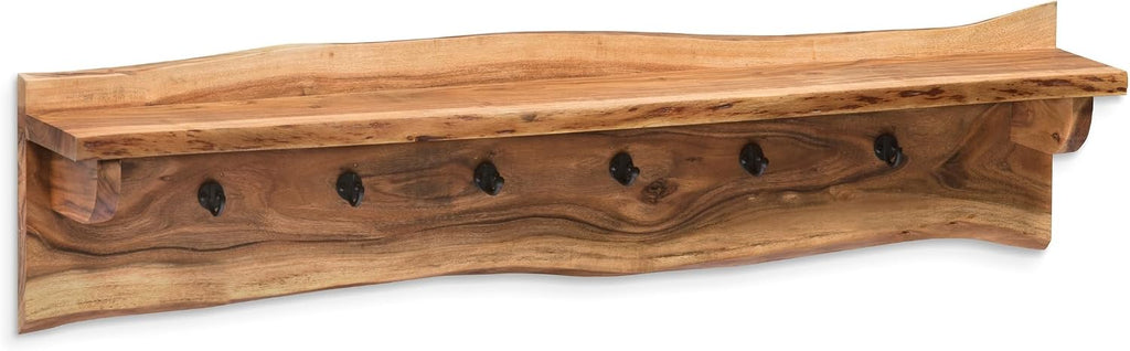 Alaterre Furniture Alpine Natural Live Edge Wood Coat Rack – 48' Solid Wood Wall-Mounted Coat Hook with Top Shelf & 6 Hooks – Modern Farmhouse Storage Organization for Entryway, Hallway, or Mudroom