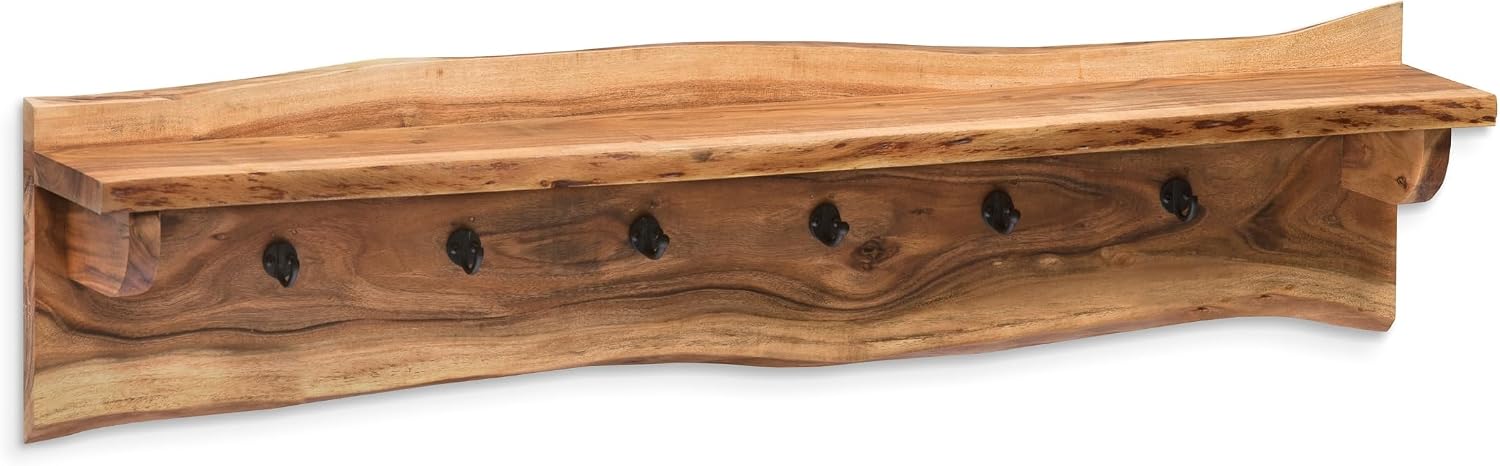 Alaterre Furniture Alpine Natural Live Edge Wood Coat Rack – 48' Solid Wood Wall-Mounted Coat Hook with Top Shelf & 6 Hooks – Modern Farmhouse Storage Organization for Entryway, Hallway, or Mudroom