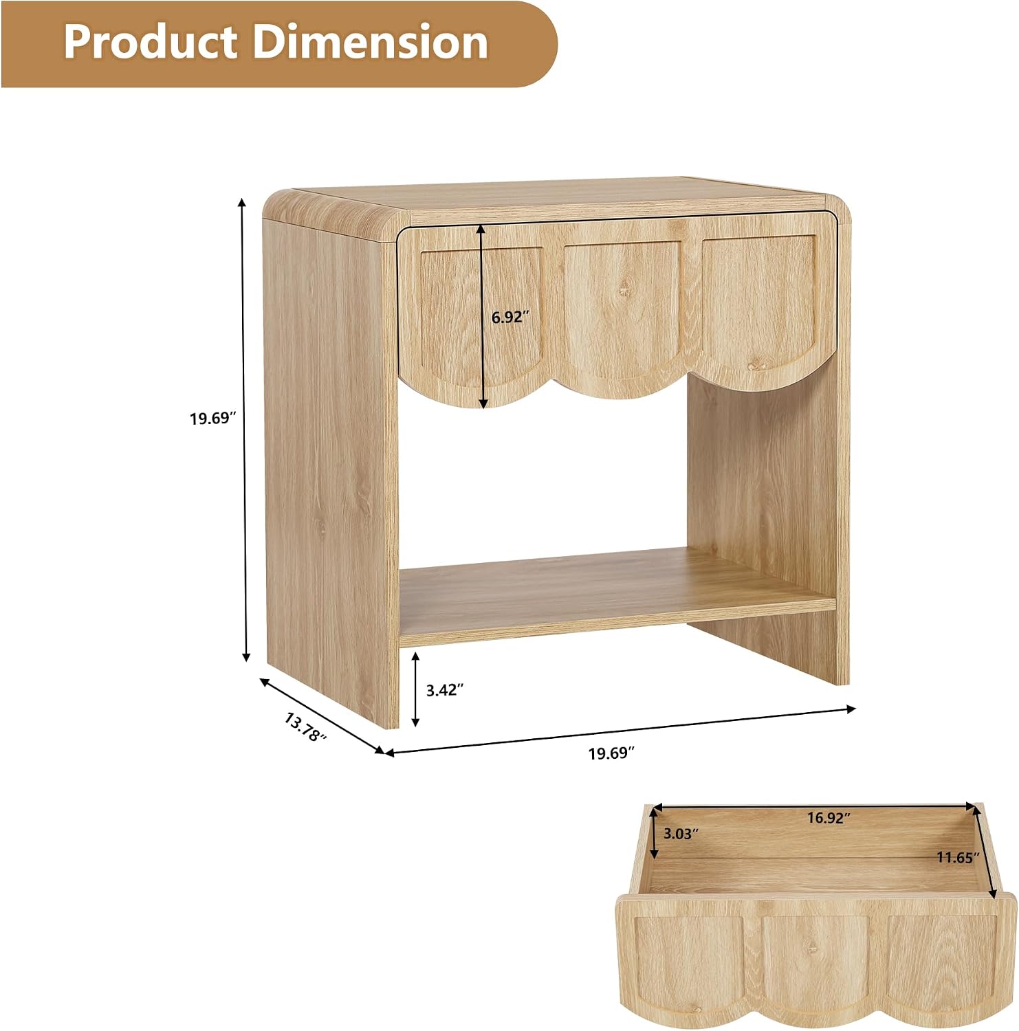 Small Night Stand Set of 2, Mid Century Modern Farmhouse Wood Nightstand with Wave Panel Drawer, Bed Side End Table for Small Space, Living Room - Natural