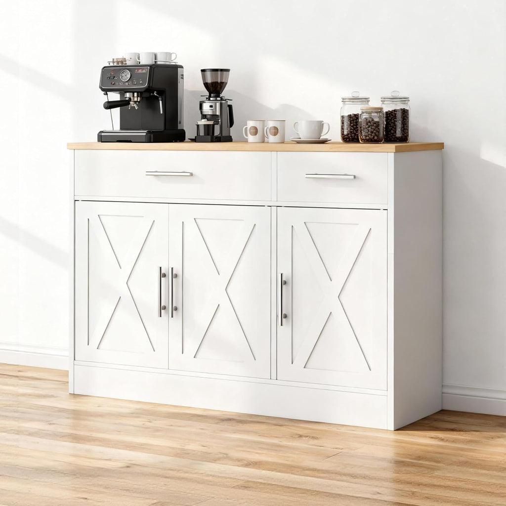 SUNLEI Kitchen Buffet Sideboard Cabinet with Storage, Farmhouse Kitchen Cabinet with 3 Doors and 2 Drawers, Coffee Bar Cabinet with Storage for Living Room, White