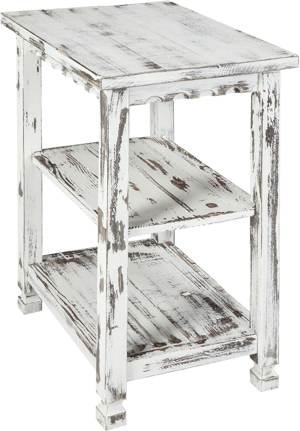 Alaterre Furniture Country Cottage Rustic Farmhouse Nightstand – 3-Tier Narrow End Table with Weathered Faded Finish, Carved Edges, & Turned Legs (Distressed Antique White)