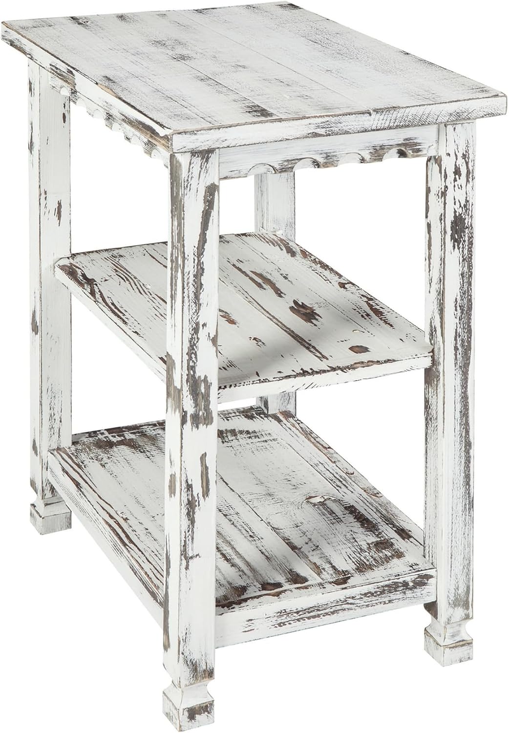 Alaterre Furniture Country Cottage Rustic Farmhouse Nightstand – 3-Tier Narrow End Table with Weathered Faded Finish, Carved Edges, & Turned Legs (Distressed Antique White)