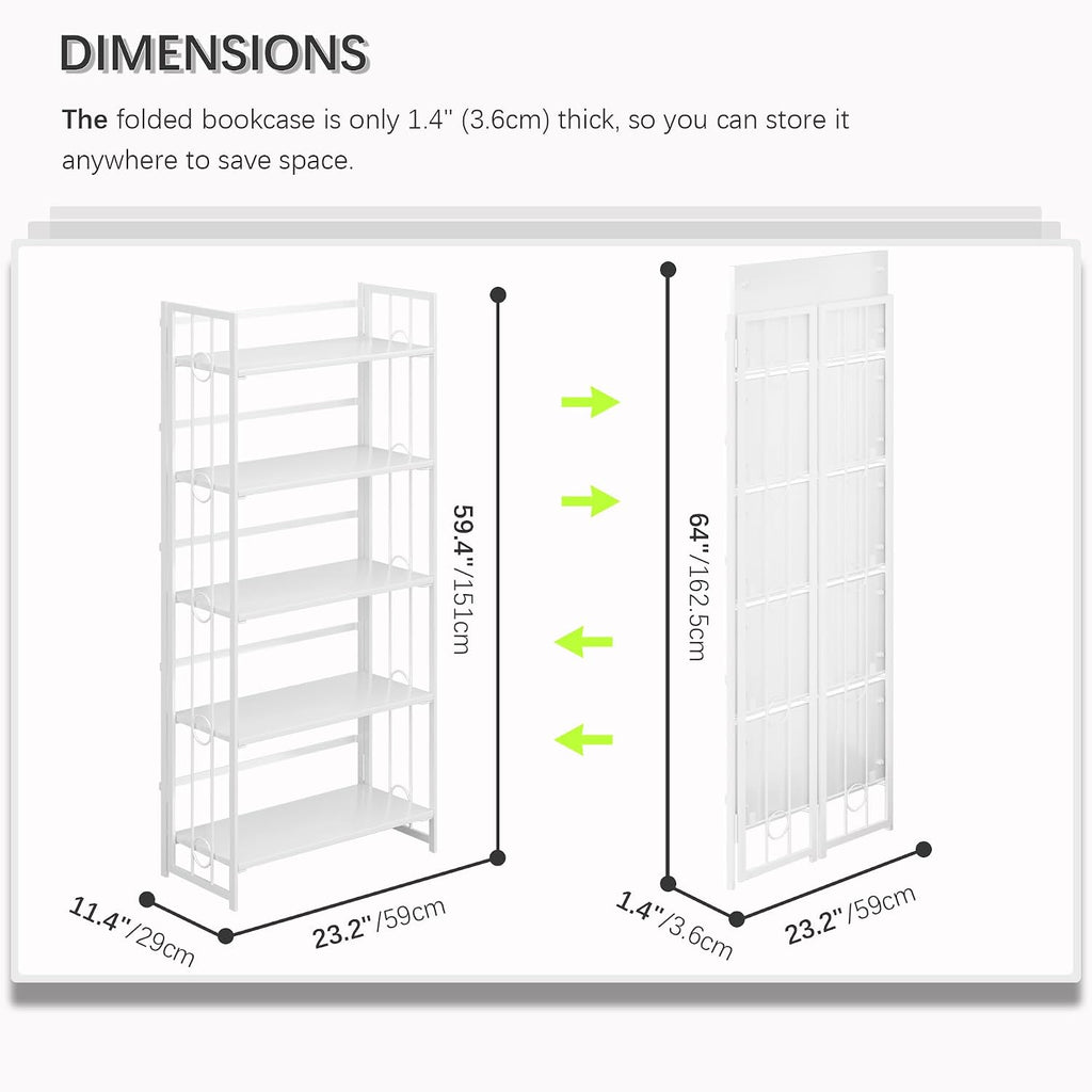 4NM No Assembly 5 Tiers Folding Bookshelf, 59.4' H Foldable Storage Shelves Vintage Bookcase Standing Racks Study Organizer Home Office - All White
